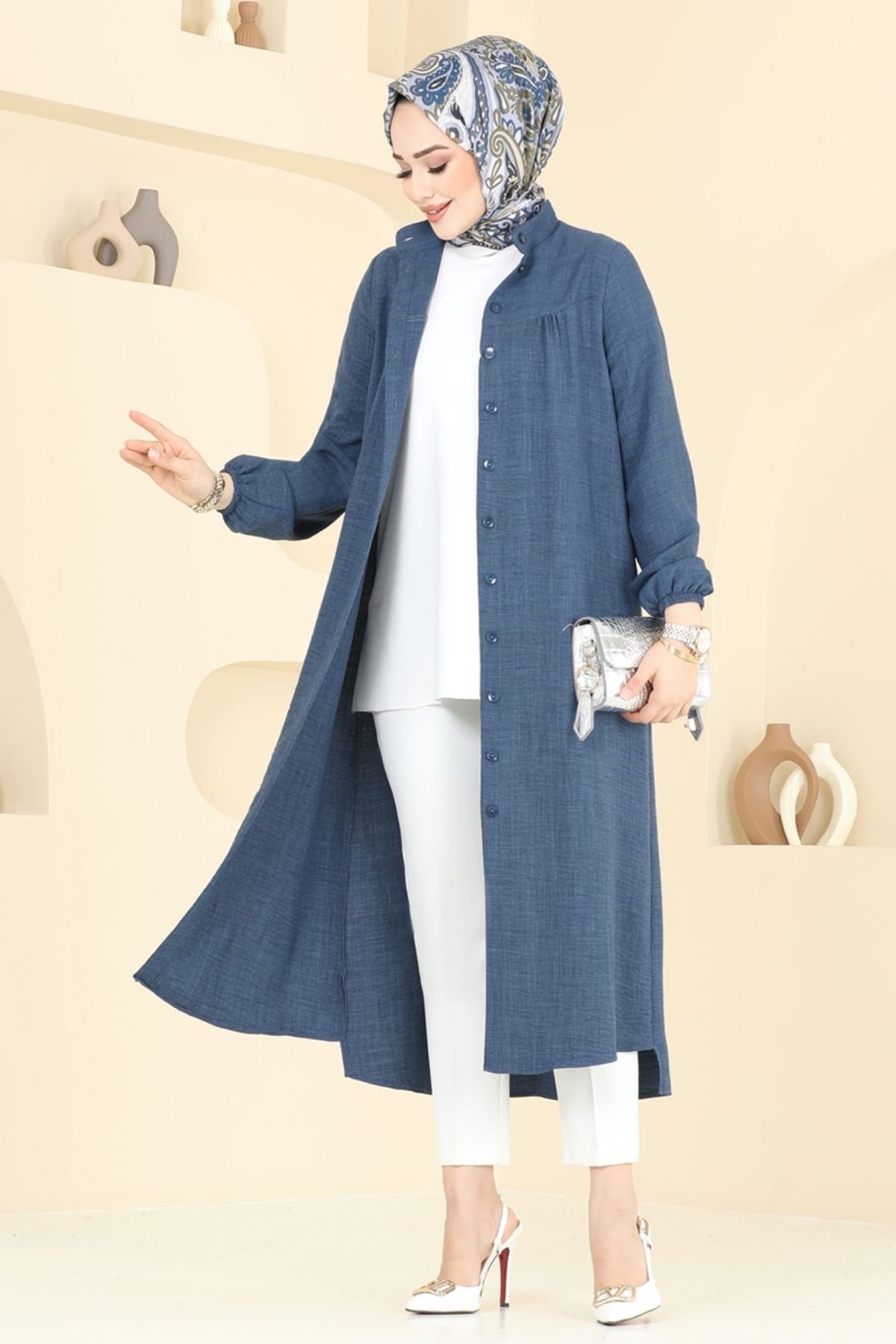 Modaselvim Önden Düğmeli Keten Tunik 6170BSK463 İndigo