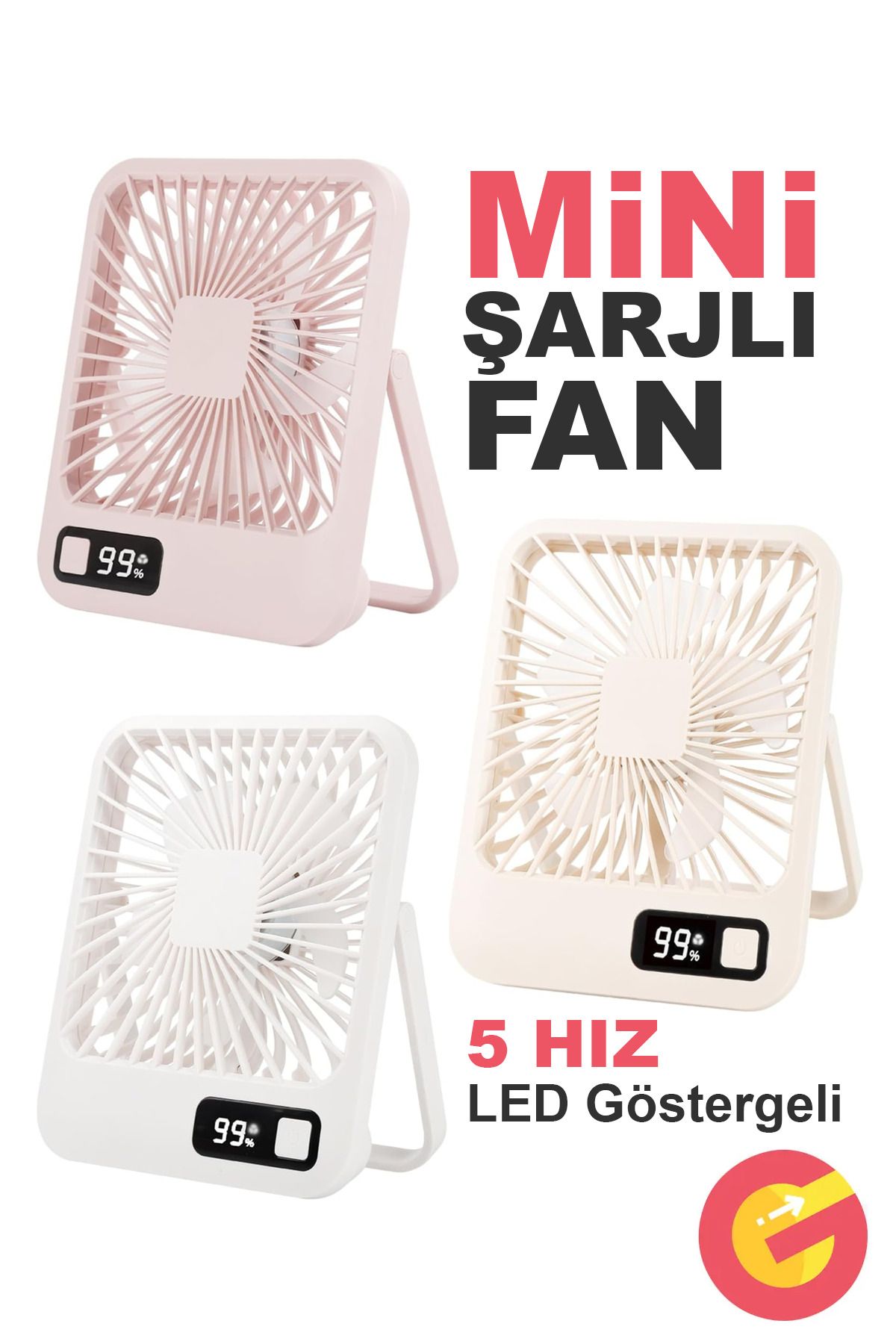 ShopMonkey Şarjlı Sessiz Mini Fan Vantilatör, 1 Adet, 180° Ayarlanabilir, 5 Hız, LED Göstergeli, Type-C Şarj