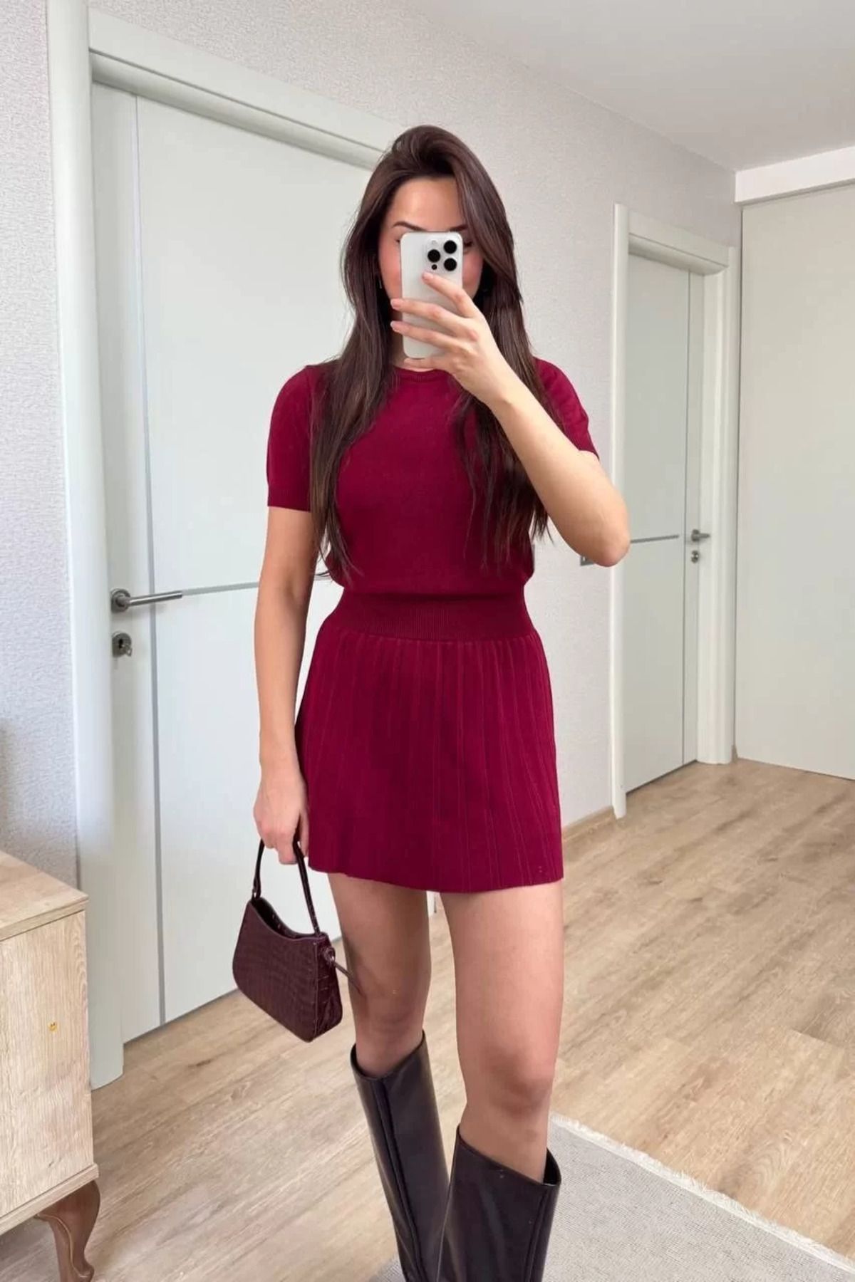 FantaziAtölyesi Kısa Kollu Bluz Mini Etekli ikili Takım Triko - Bordo