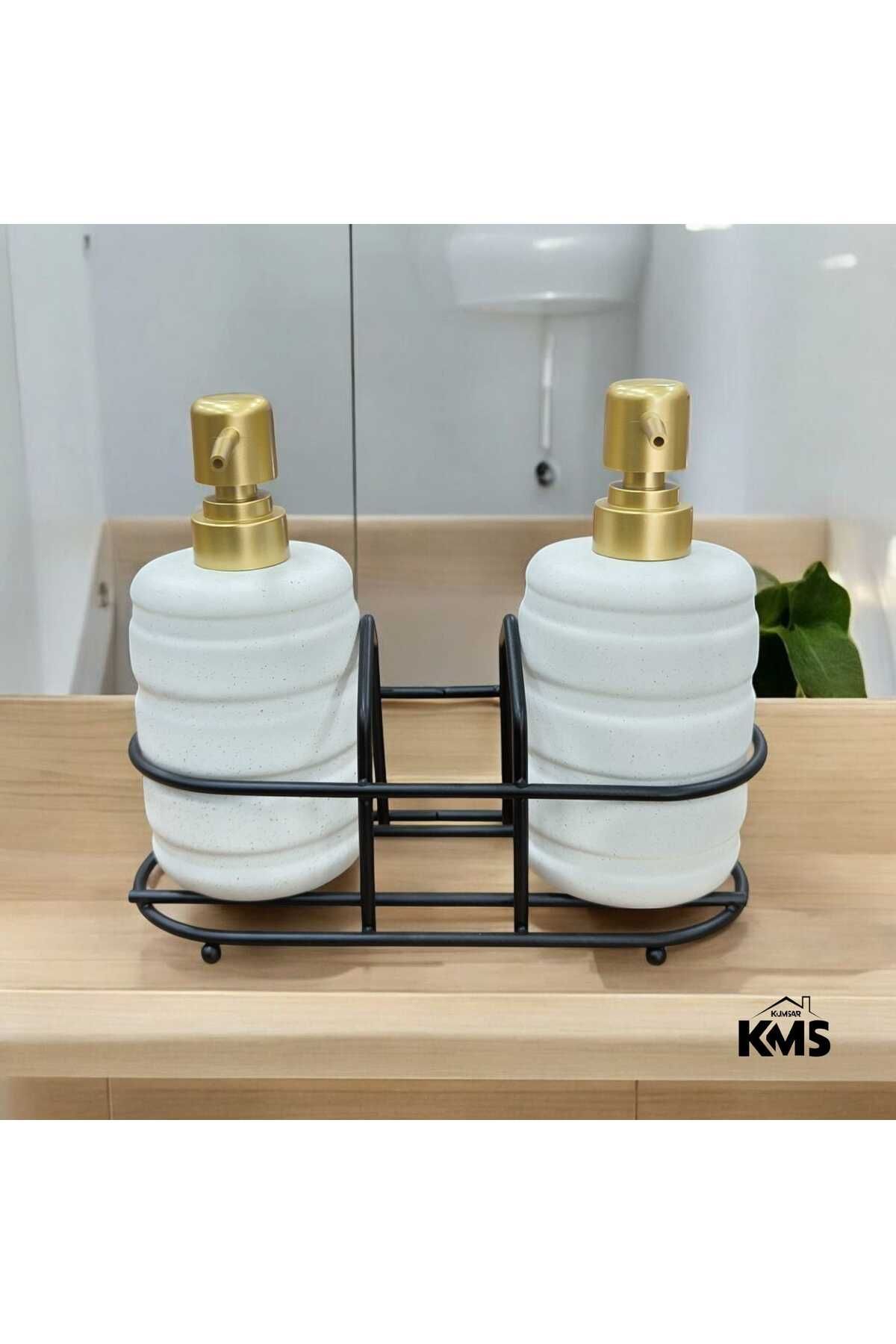 KMS Kumsar Metal standlı 2'li porselen sıvı sabunluk