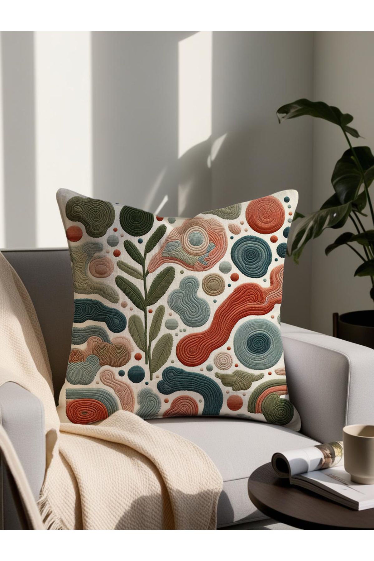 LadiesHome Punch Nakış Desenli Dijital Baskılı Dekoratif Yastık 4243– 43x43 Cm Mikro Petek Kumaş