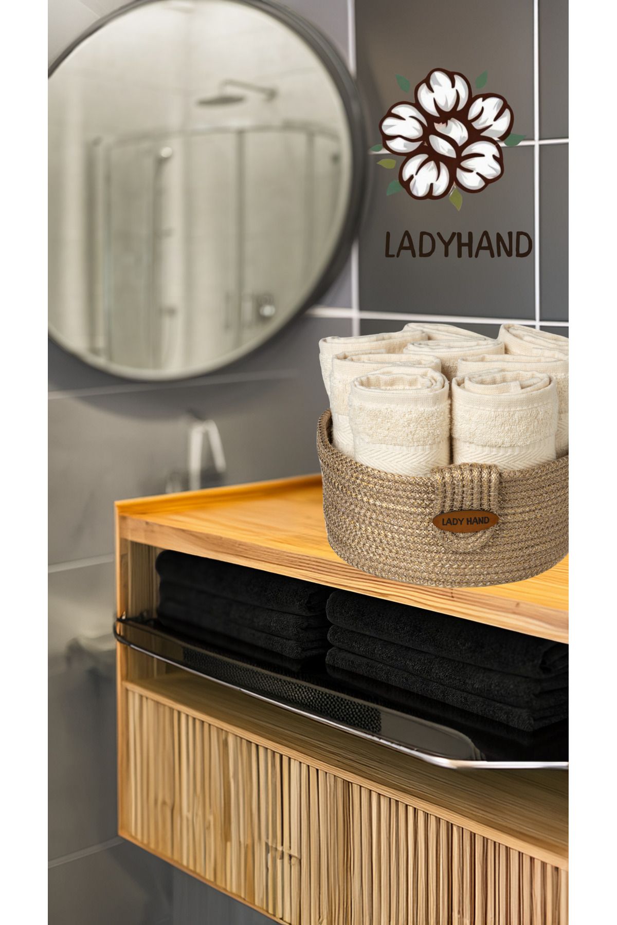 LADYHAND JÜT İP EL YAPIMI SEPET SETİ 5 ADET MİNİ EL HAVLUSU İLE