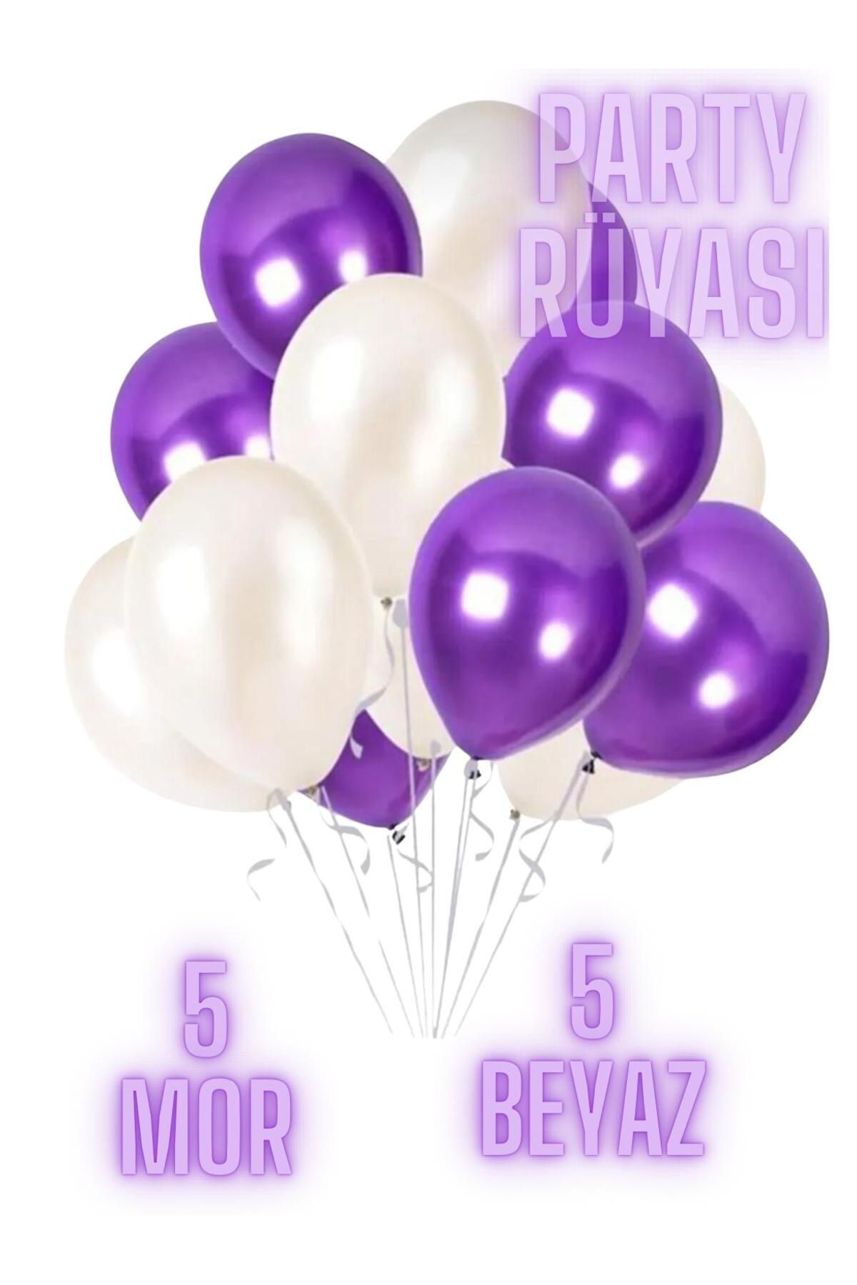 partyrüyası 10 Adet Mor-Beyaz Metalik Balon 12 Inç Metalik Ekstra Parlak Renk