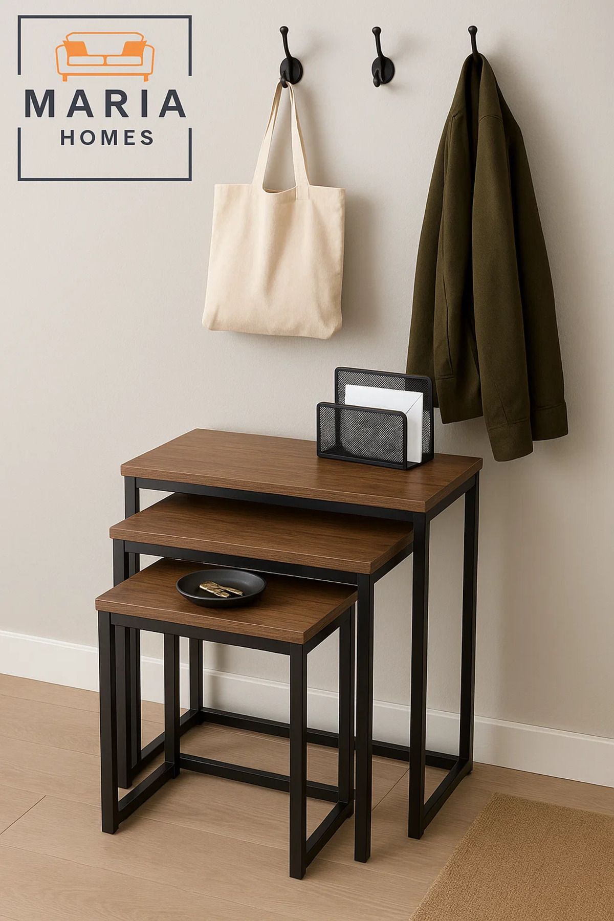 MARIA HOMES-Set of 3 Rectangular Nesting Tables with Wood Tops and Black Frames 3