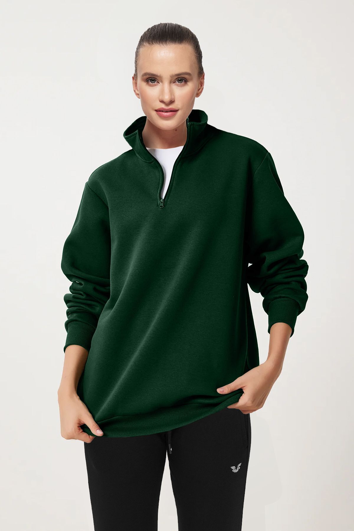 aradimtaradim Peak Kadın Yeşil Oversize Fermuarlı Yaka Sweatshirt 7012