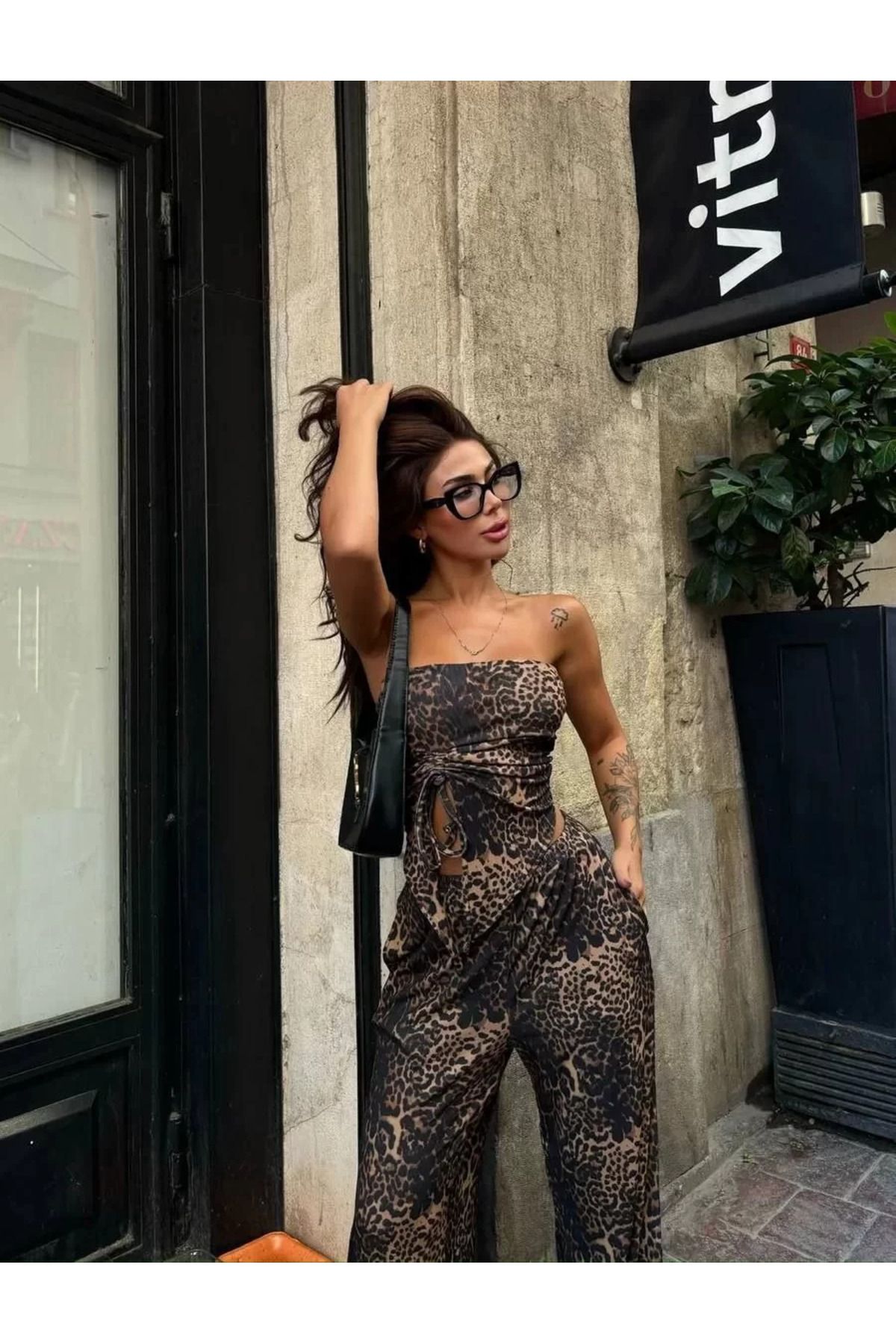 FantaziAtölyesi leopar desenli önden bağlamalı bluz Pantolon İkili Takım -Leopar