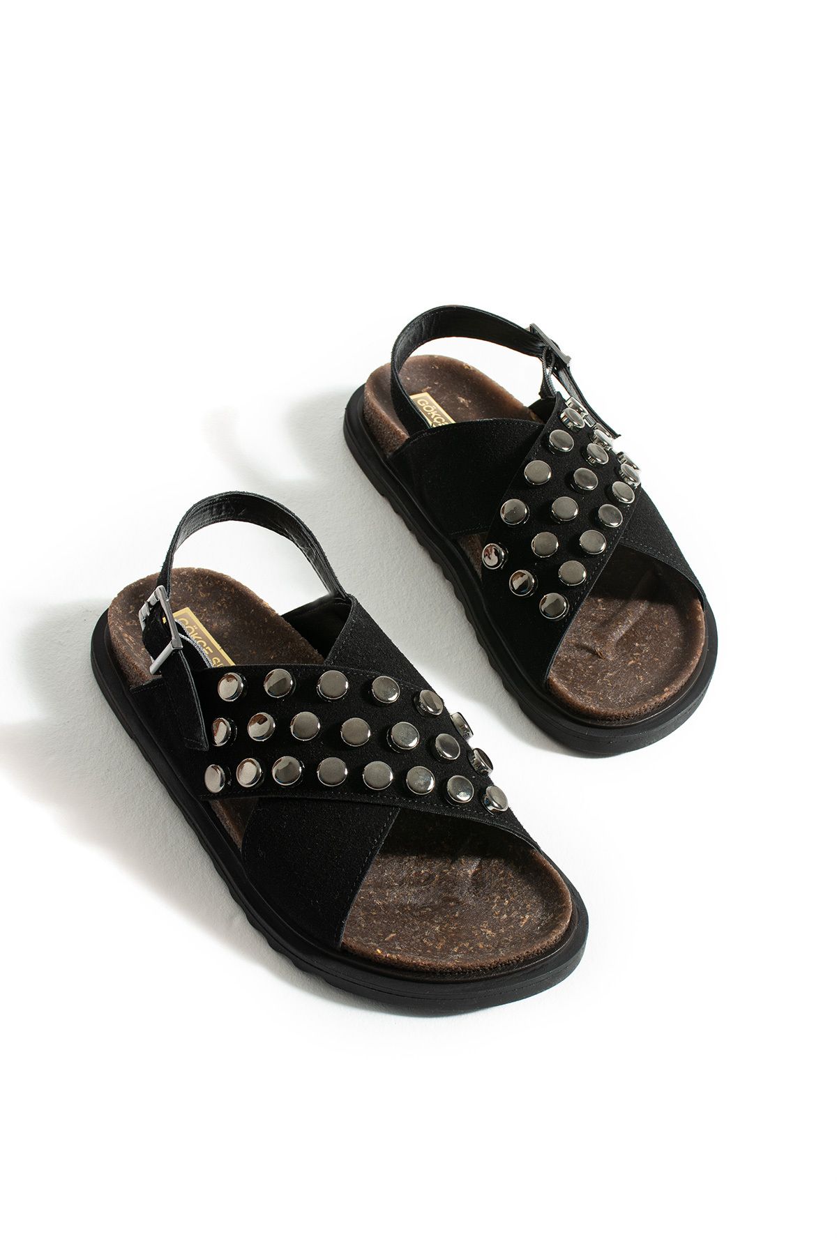 Gökçe Shoes Suzette Siyah Süet Trok Detay Kadın Sandalet