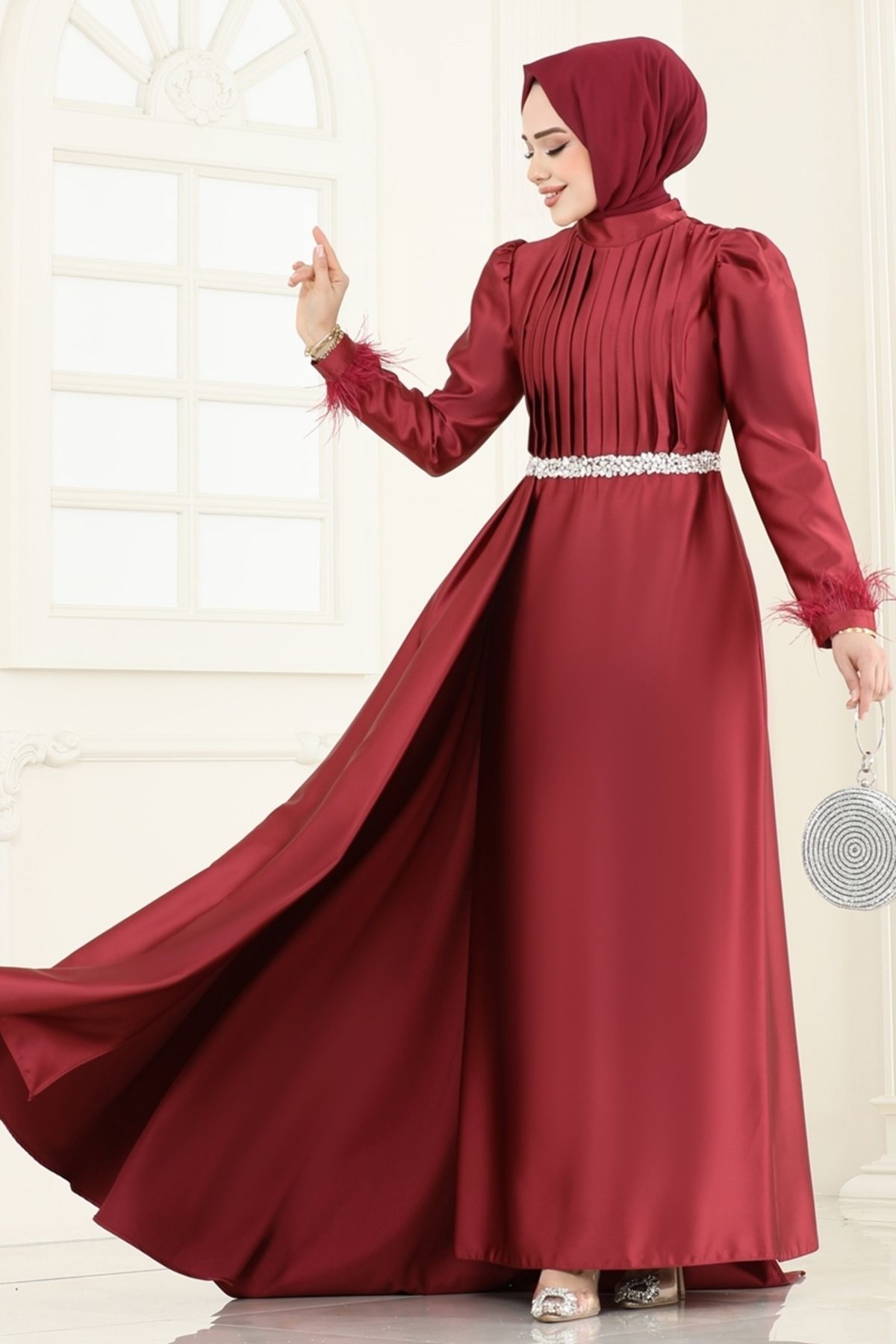Modaselvim Beli Taşlı Saten Abiye 8006YG95 Bordo