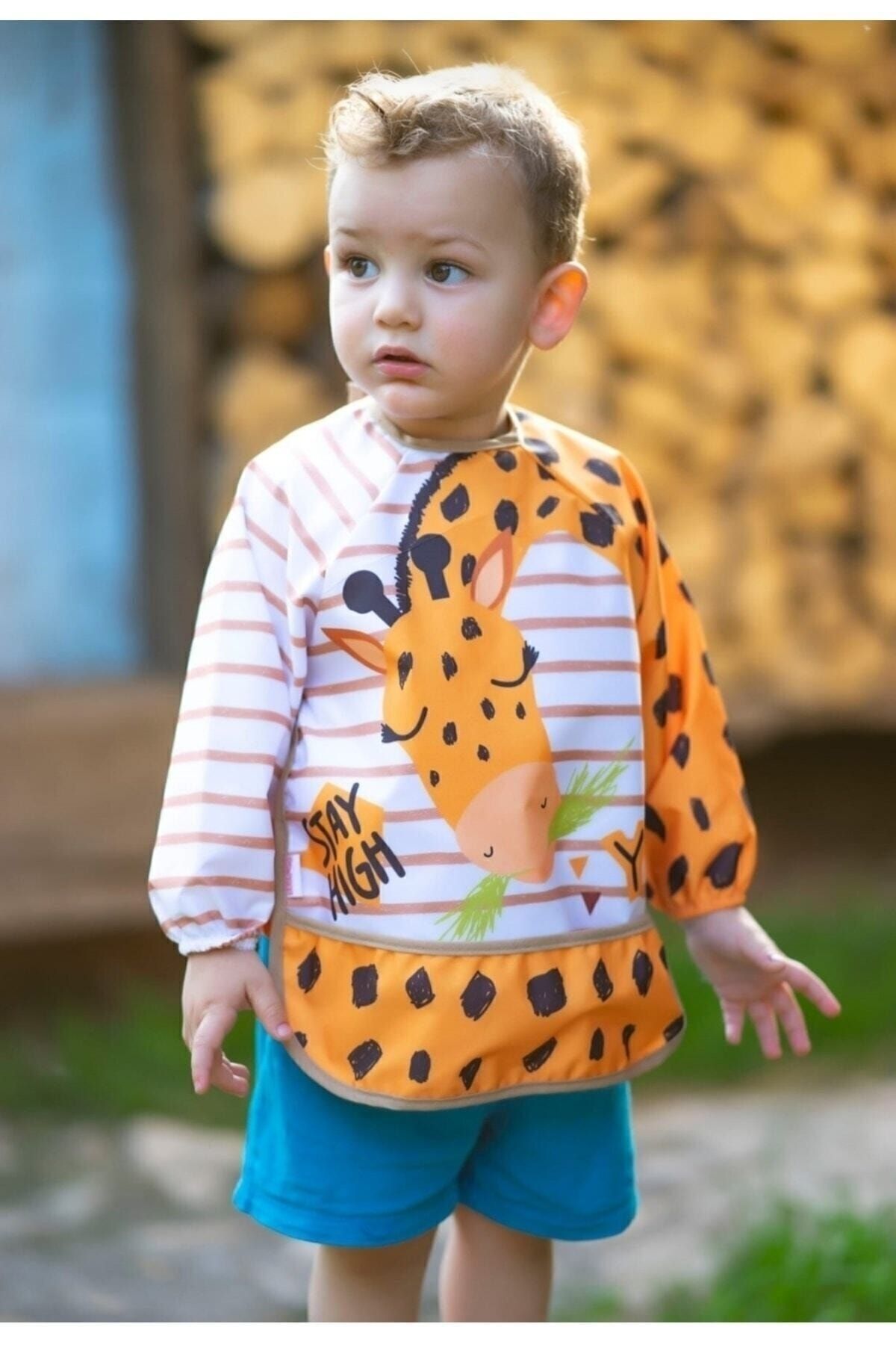 UmBaby Uzun Kollu Sıvı Geçirmez Mama Önlüğü Geyik Ve Zürafa Desenli 2 Parça fotoğrafı 3 (önizleme)