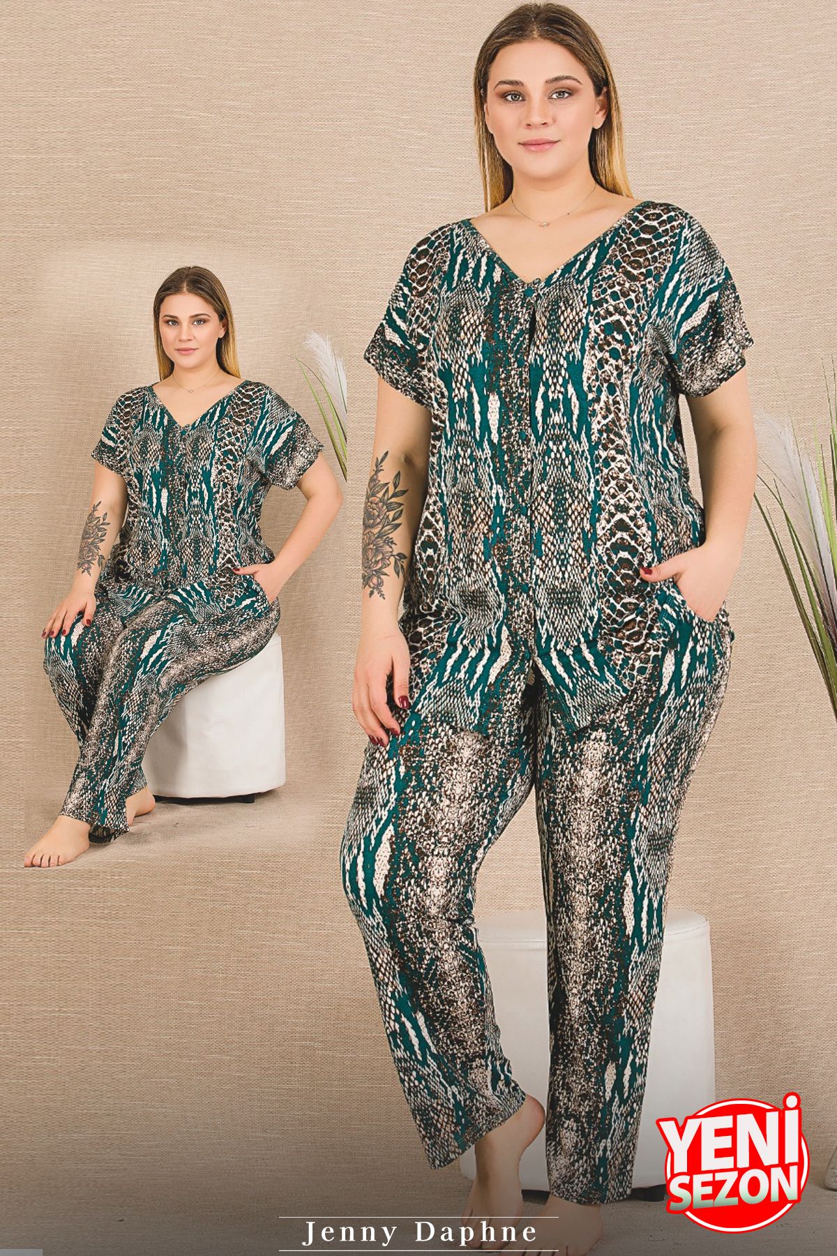 Jenny Daphne Lady Büyük Beden Yılan Desenli Cepli Pijama Düğmeli Üst Kısa Kollu Pijama Takımı 11030