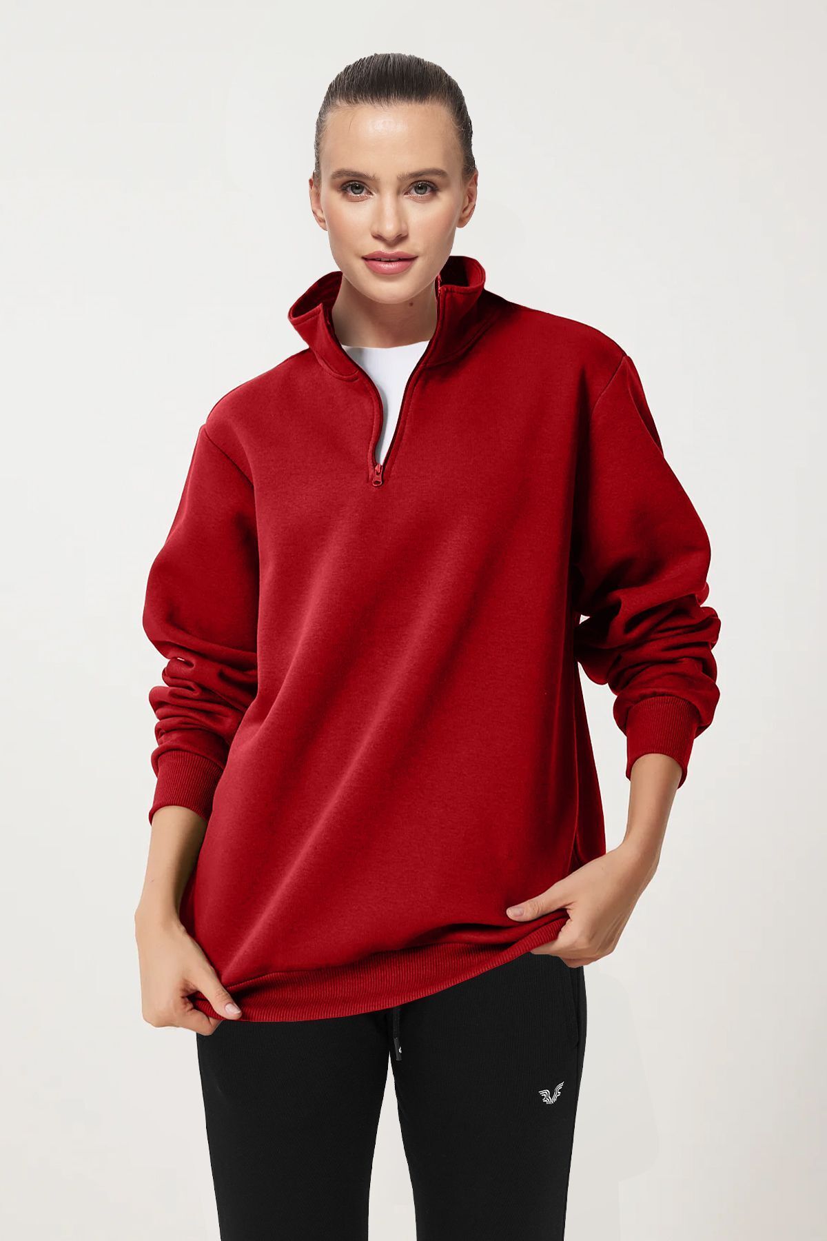 aradimtaradim Peak Kadın Kırmızı Oversize Fermuarlı Yaka Sweatshirt 7012