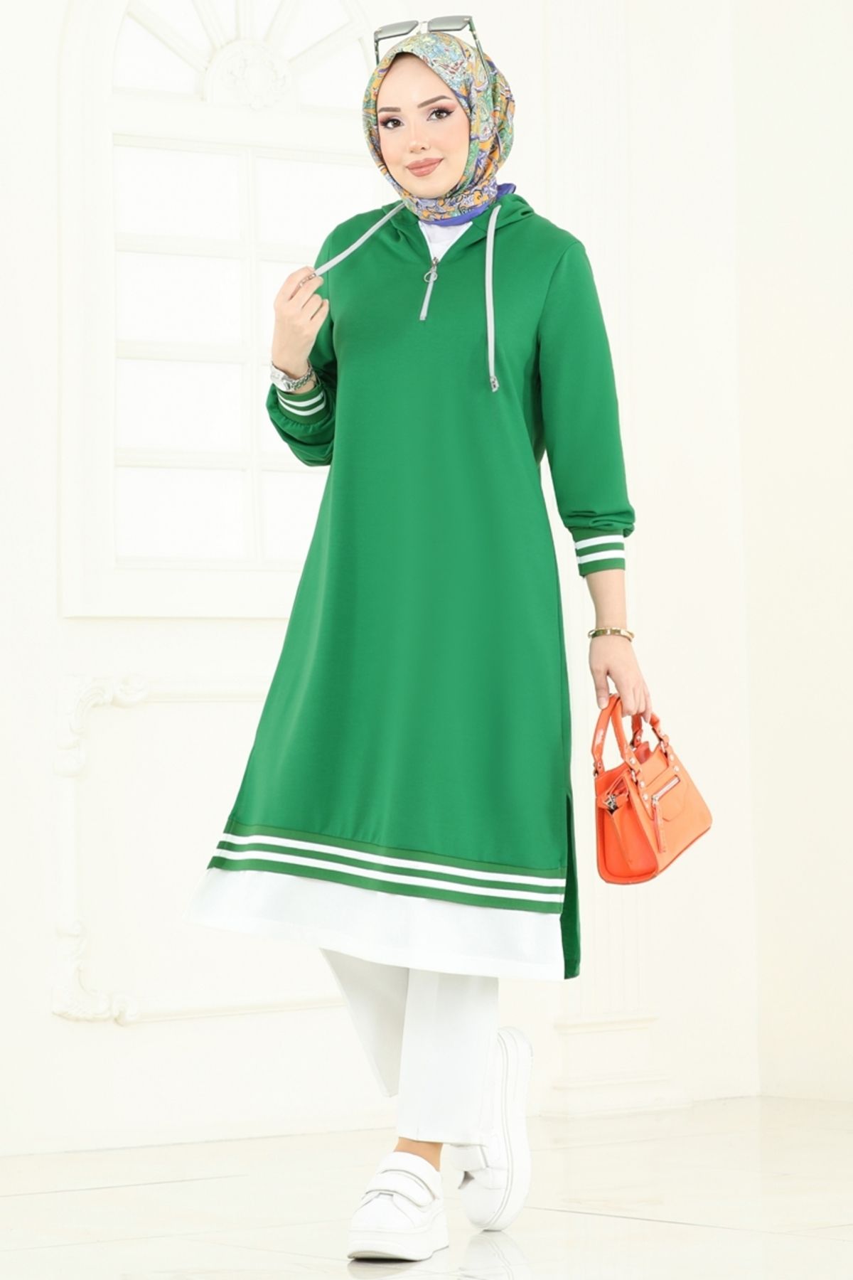 Modaselvim Yarım Fermuarlı Tesettür Tunik 399DVL817 Benetton Yeşili