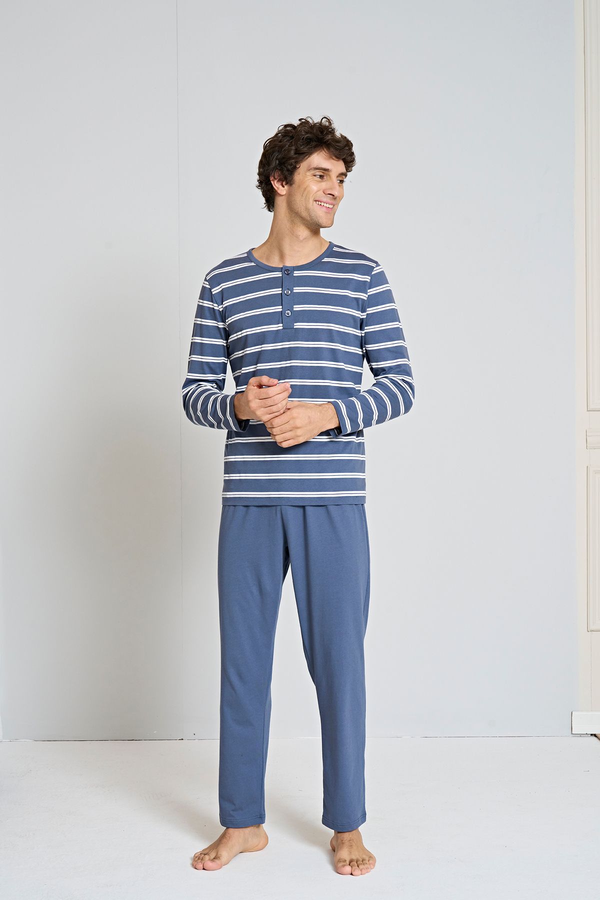 Pijadore Erkek Çiizgili Bisiklet Yaka Pijama Takımı