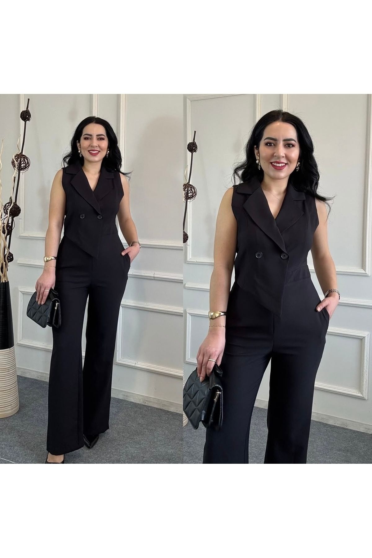 MORENA BUTİK Siyah Düğmeli Tulum