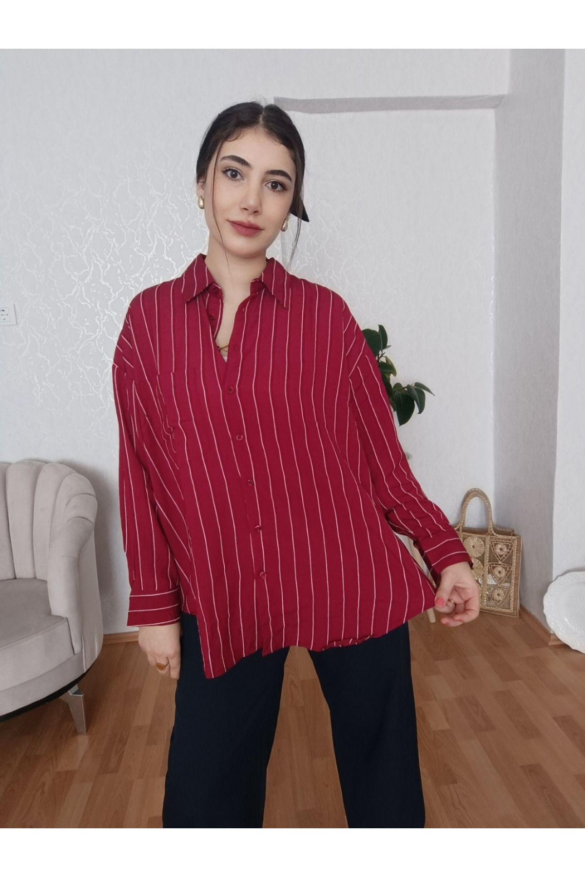 MODA Çizgili Oversize Pamuklu Kadın Gömlek