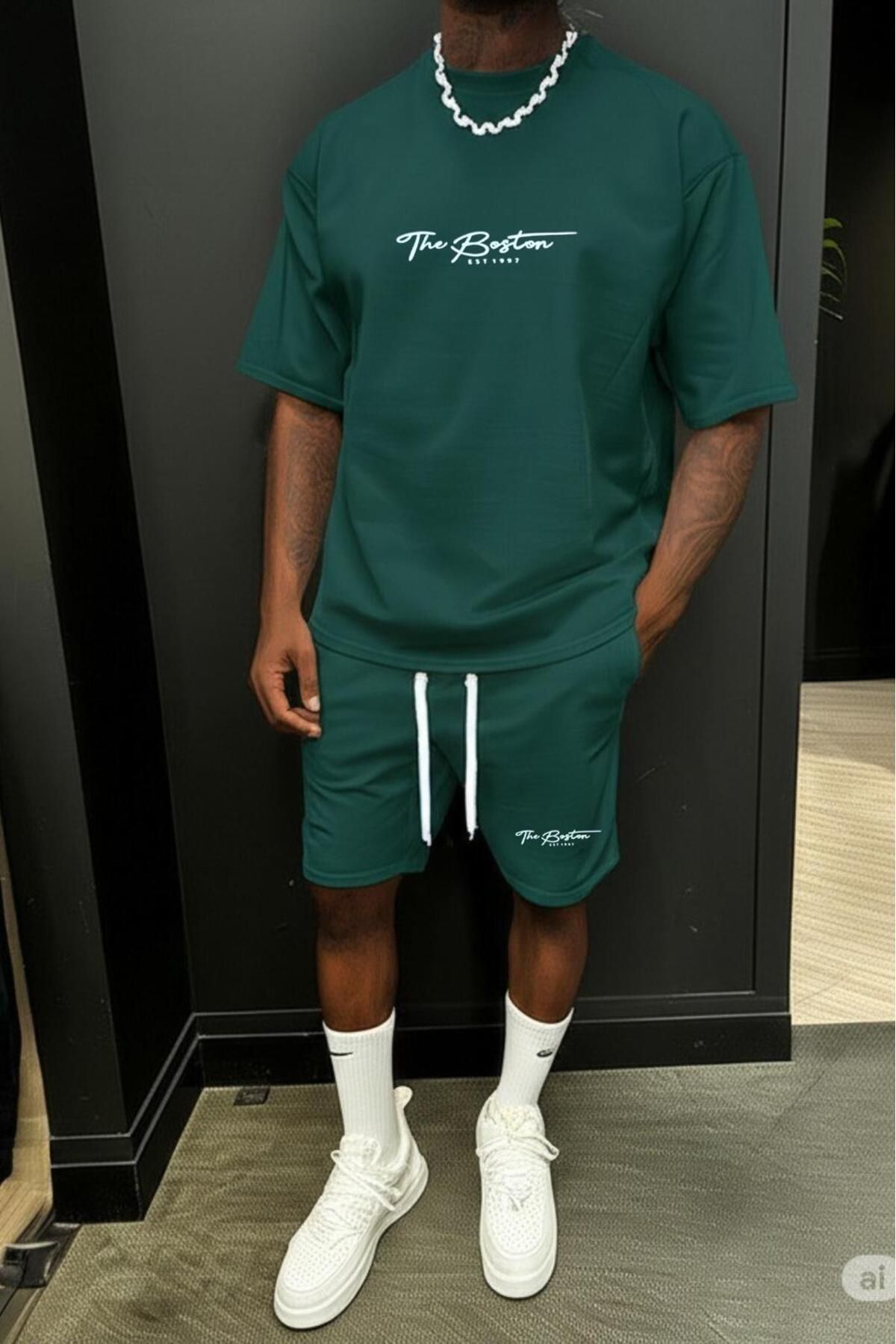 NO 601 Erkek Petrol Yeşil Fine Futter Boston Baskılı Yetim Kol Tshirt Şort Takımı