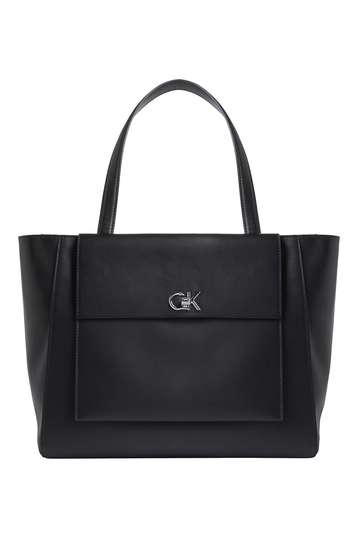 Calvin Klein Kadın Geniş İç Hacimli Metalik CK Tokalı Ön Cepli Fermuar Kapamalı Siyah Omuz Çantası LV04F3223G-UB1