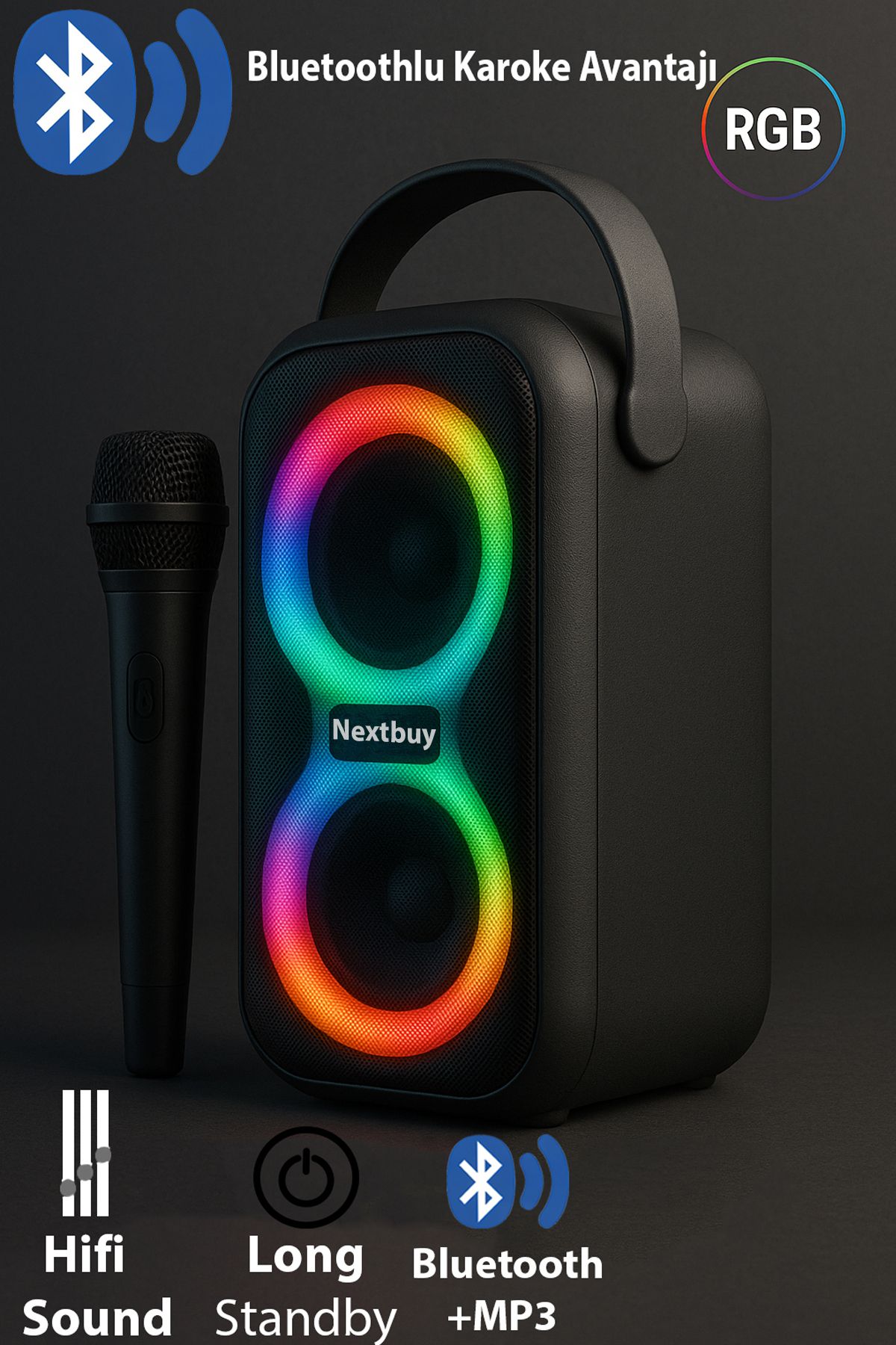 nextbuy Bluetooth Hoparlör Parti Hoparlörü Karaoke Mikrofon Hediyeli RGB Ses Bombası Usb Sd Girişli ACS-15
