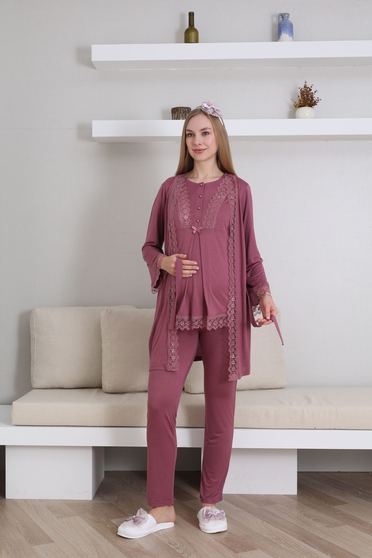 BEYVİP Vişne Özel Tasarım Dantelli Sabahlıklı 3'lü Hamile Lohusa Pijama Takımı