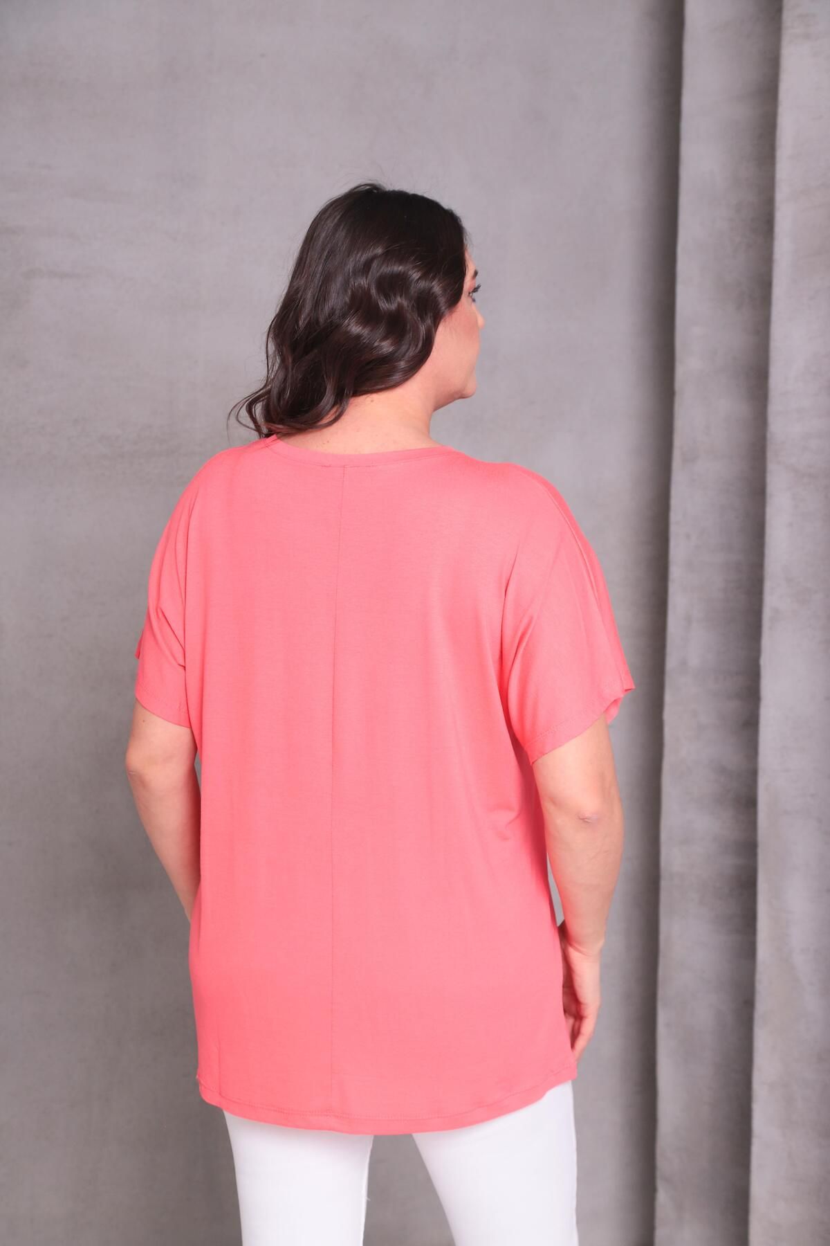 Ebsumu-Women's Plus Size Single Pocket Detail Basic Coral T-Shirt 4
