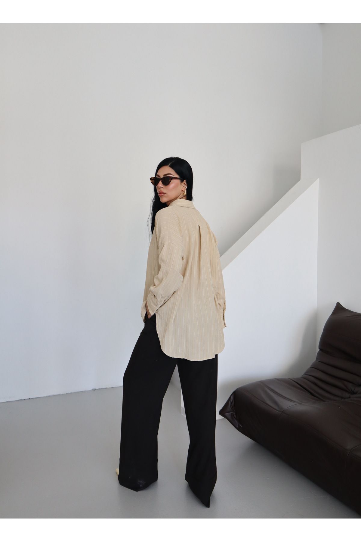 Fashionbox çizgili dokulu rahat kesim gömlek