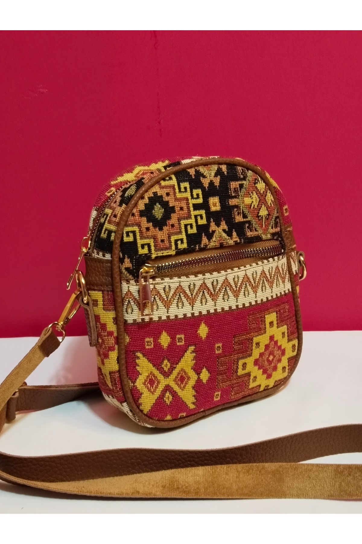 CooC PlutosS El Yapımı Etnik Desenli Bohem Kilim Çapraz Çanta Fermuarlı, Ayarlanabilir Askılı, Renkli ÖzgüN