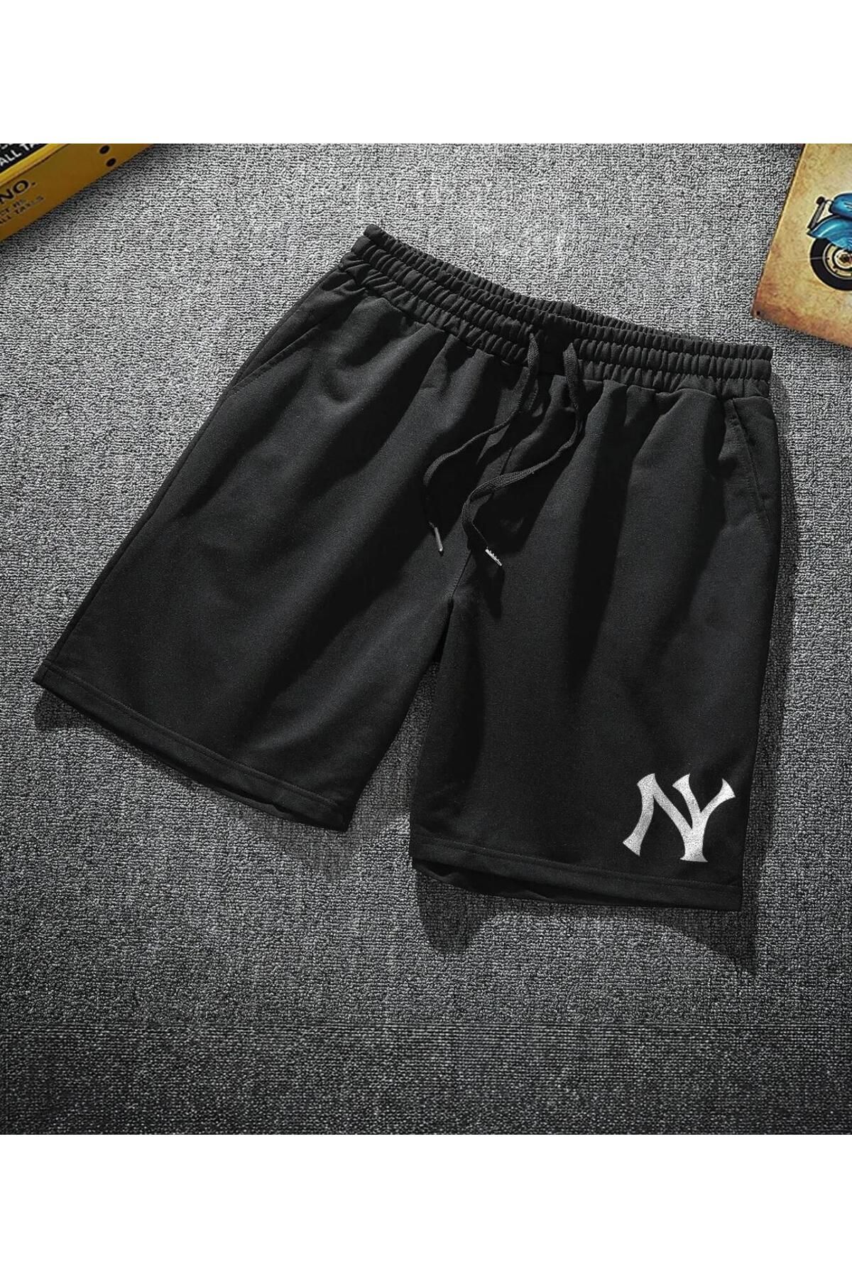 COTAS NY New York Logolu Siyah Erkek Şort – Likralı Rahat Kalıp Yazlık Spor Şort
