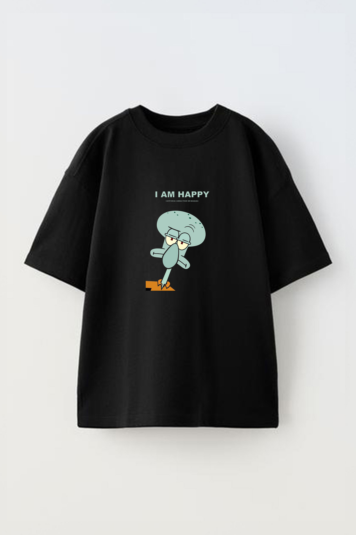Anetos-Spongebob Squidward Happy Front Printed Cotton Black Oversize t Shirt 1