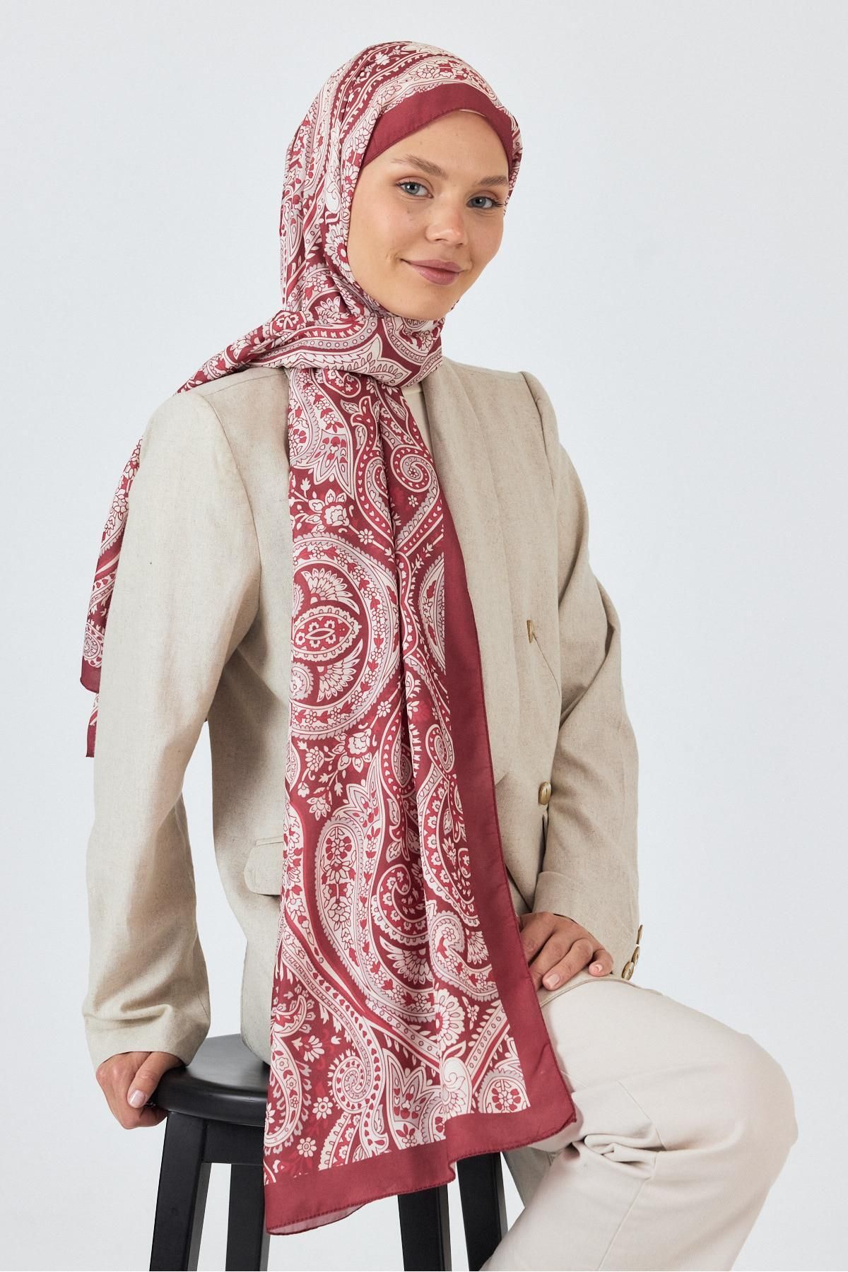 Rays Bordo Retro Desenli Şal 4004