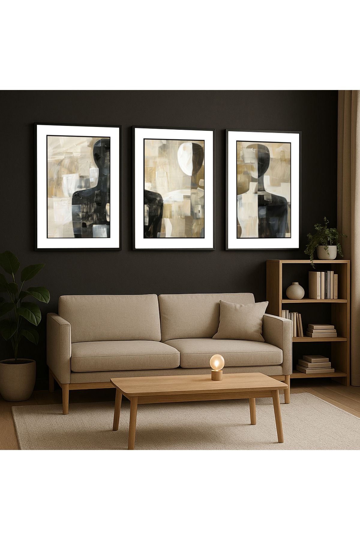volo dekor Volo Tablo Siyah Doğal Ahşap Çerçeveli Soyut Sanat Tablo Seti Ev & Ofis Dekoru,