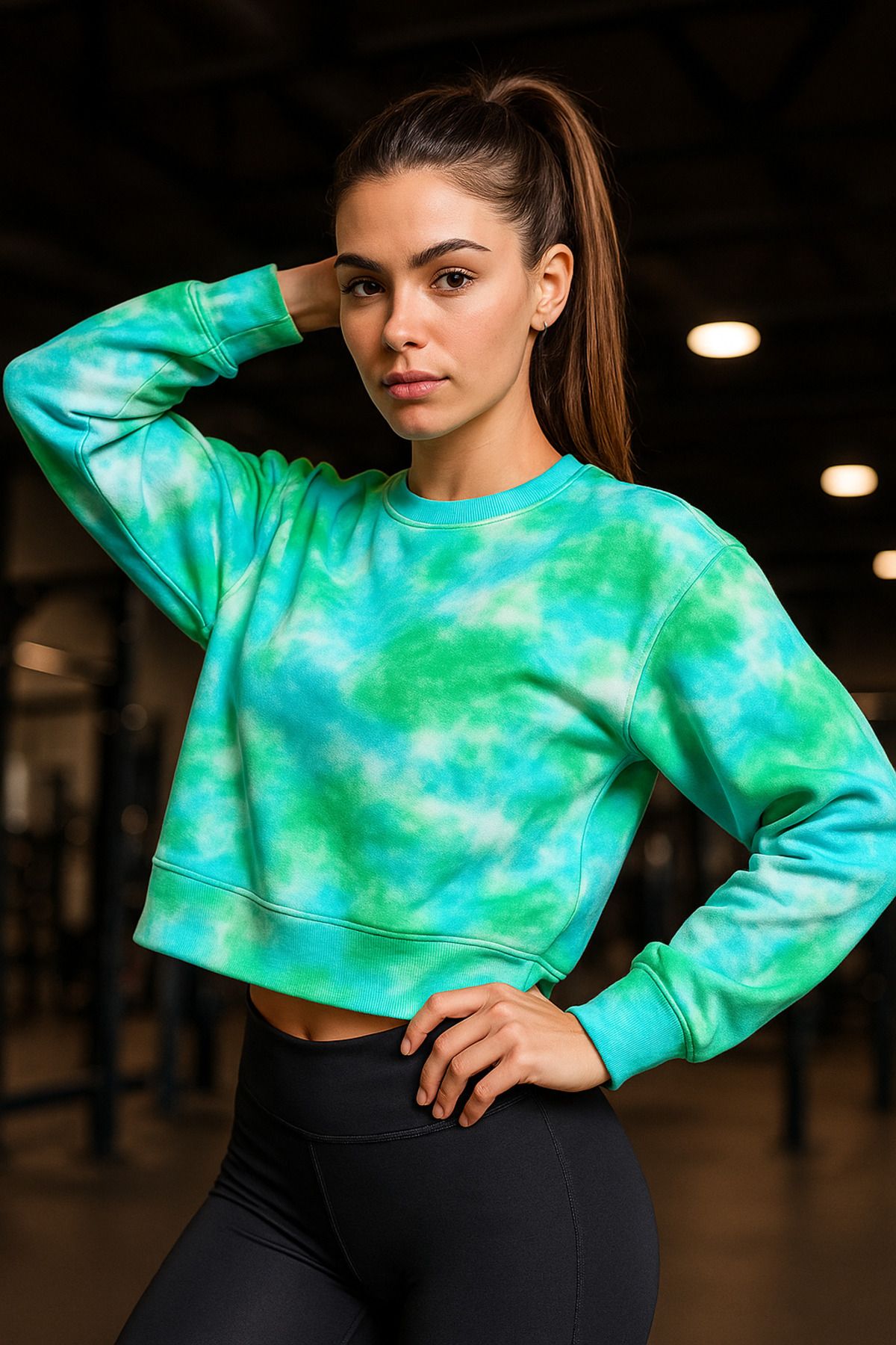 Rich Kadın Batik Desen Renkli Crop Oversize Relaxed Uzun Kollu Sweatshirt