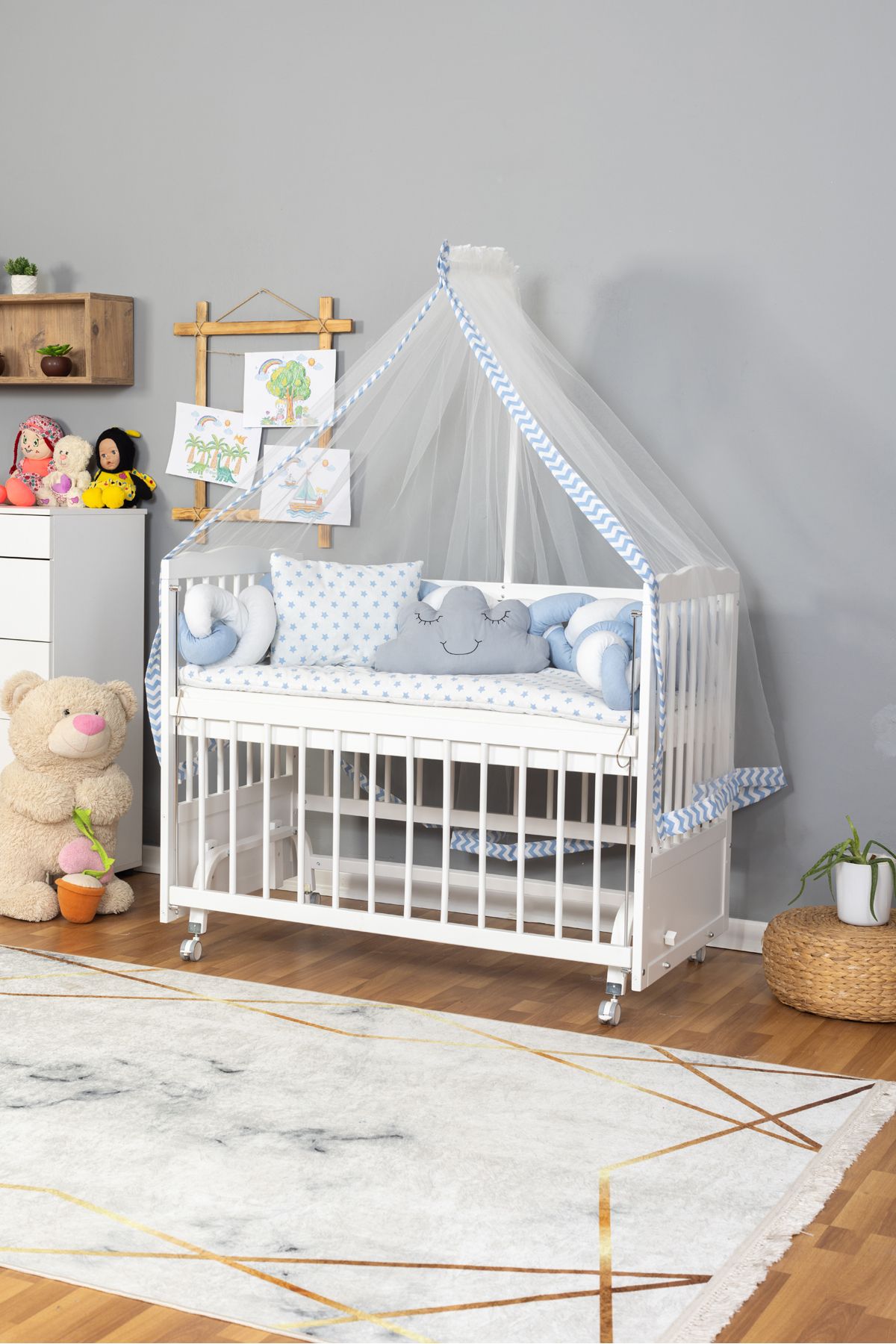 Bamgidoo Ahşap Anne Yanı Bebek Beşiği Yeni Doğan Portatif Beşik 60x120 Örgü uyku setli-Tekerlekli