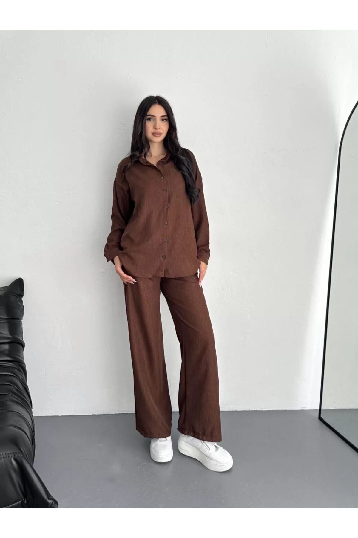 FantaziAtölyesi Gömlek Pantolon ikili Takım - Kahverengi