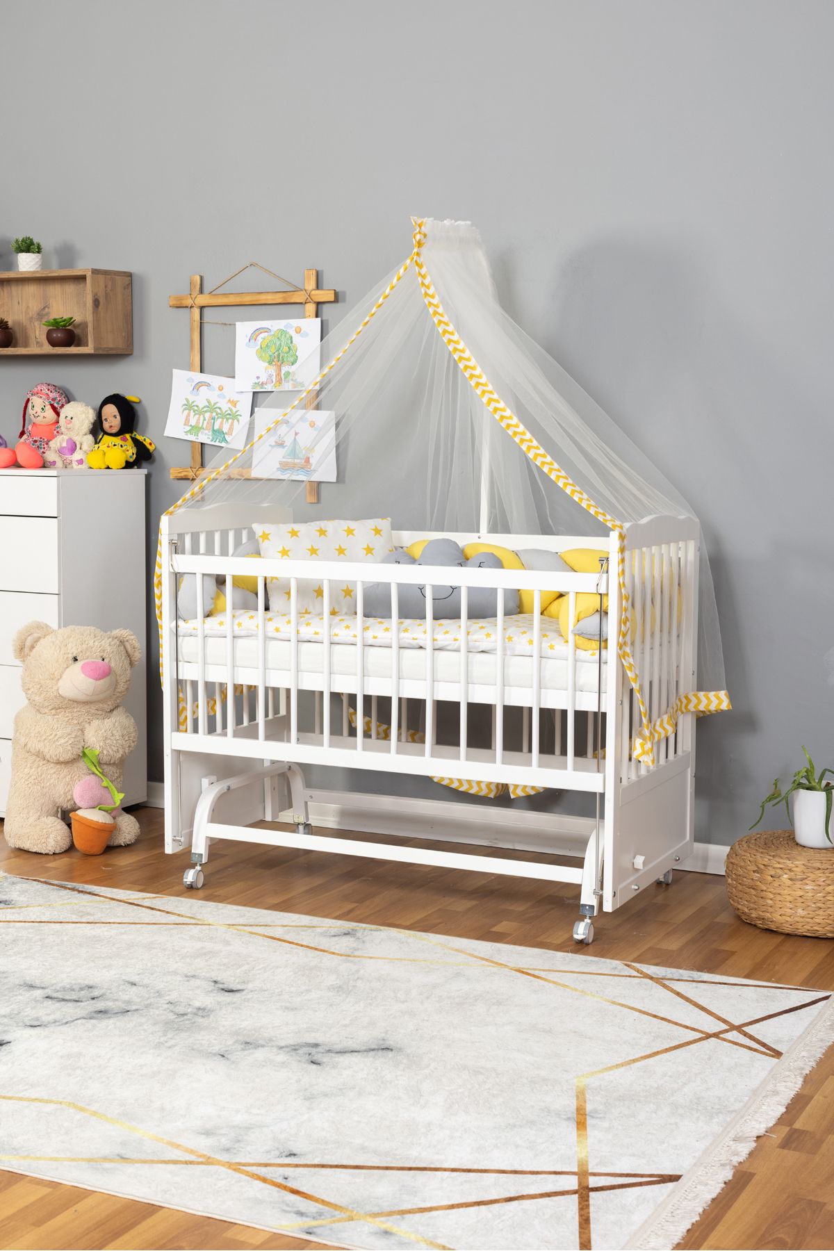 Bamgidoo Ahşap Anne Yanı Bebek Beşiği Yeni Doğan Portatif Beşik 60x120 Örgü uyku setli-Tekerlekli