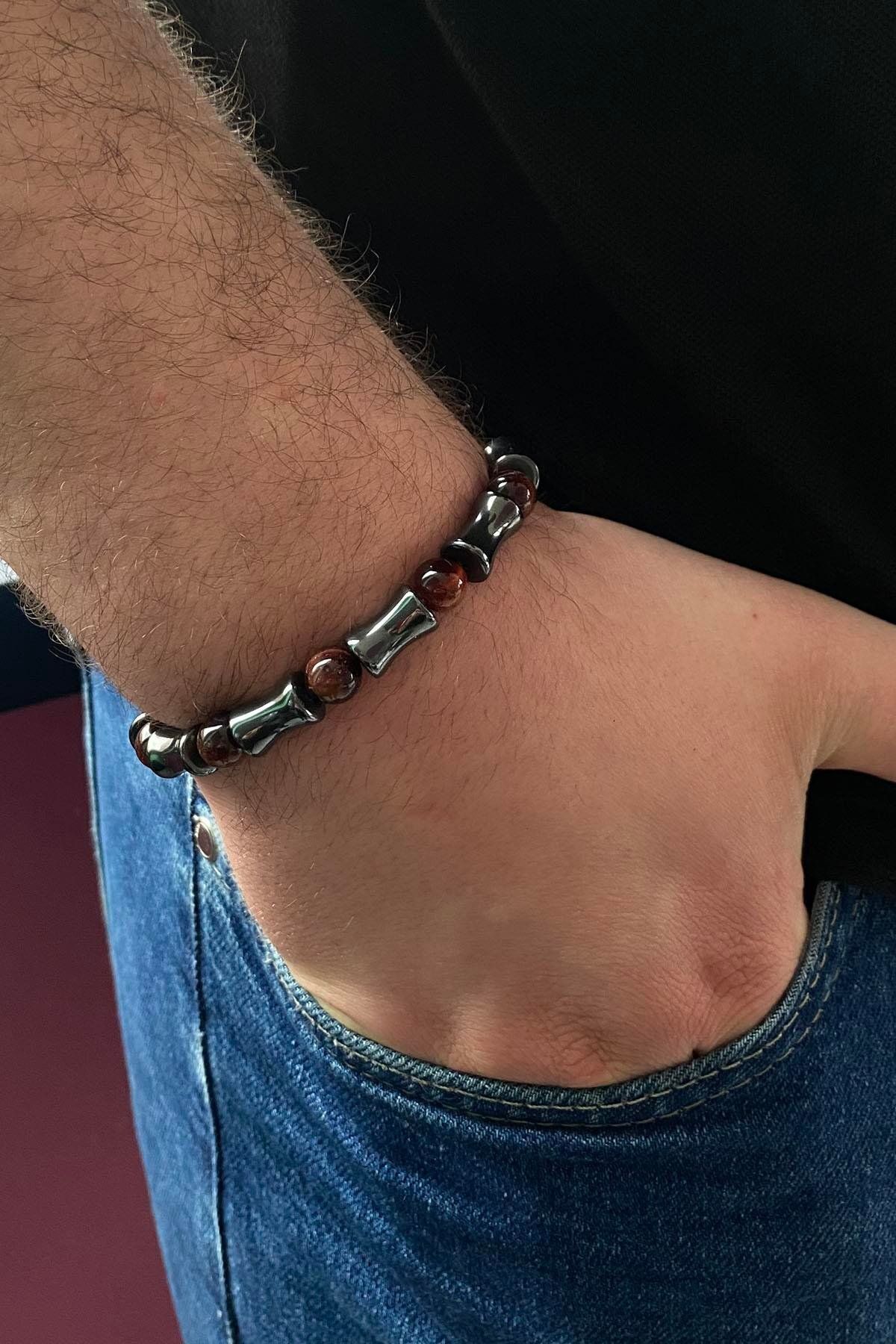 TAKIŞTIR Antrasit Renk Hematit Taşlı Erkek Bileklik
