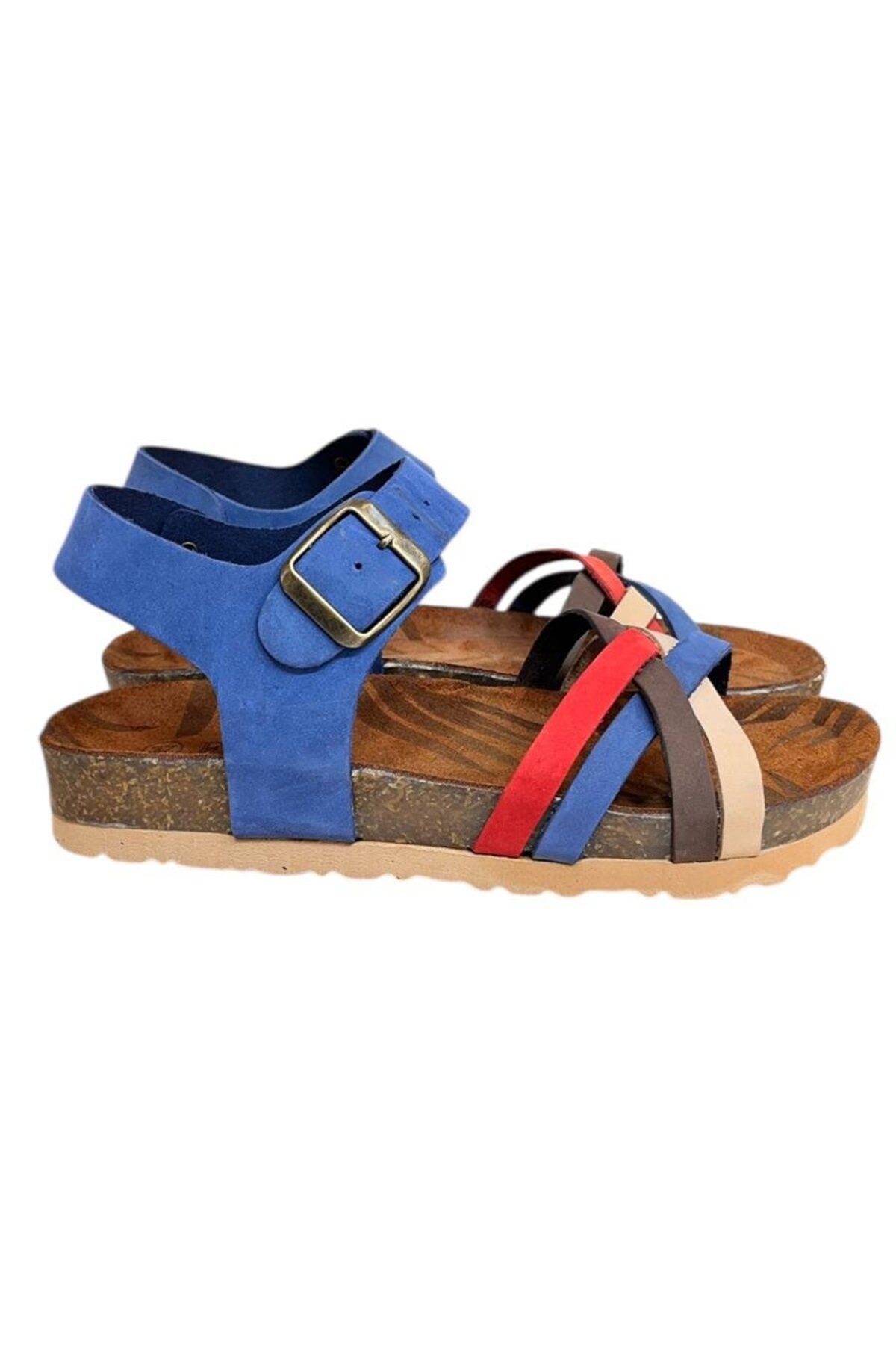 TUFAN SHOES Mavi Multi Hakiki Deri Çapraz Bant Bilekten Bağlı Mantar Sandalet