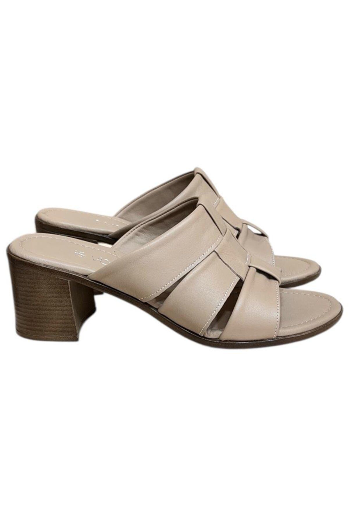 TUFAN SHOES Bej Hakiki Deri Bant Detaylı Topuklu Comfort Taban Terlik