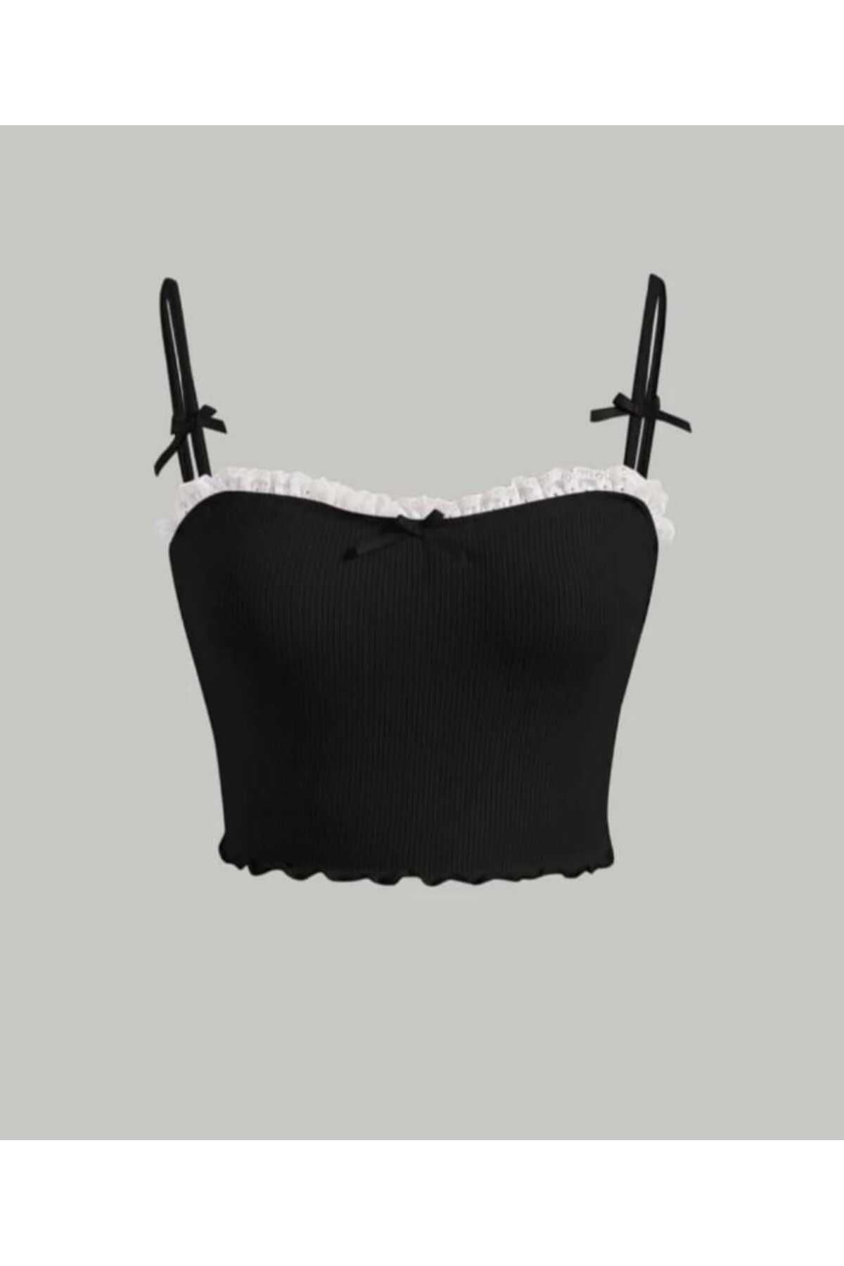 Moonstarcollection Coquette Lolita dantel detaylı askılı kurdele crop