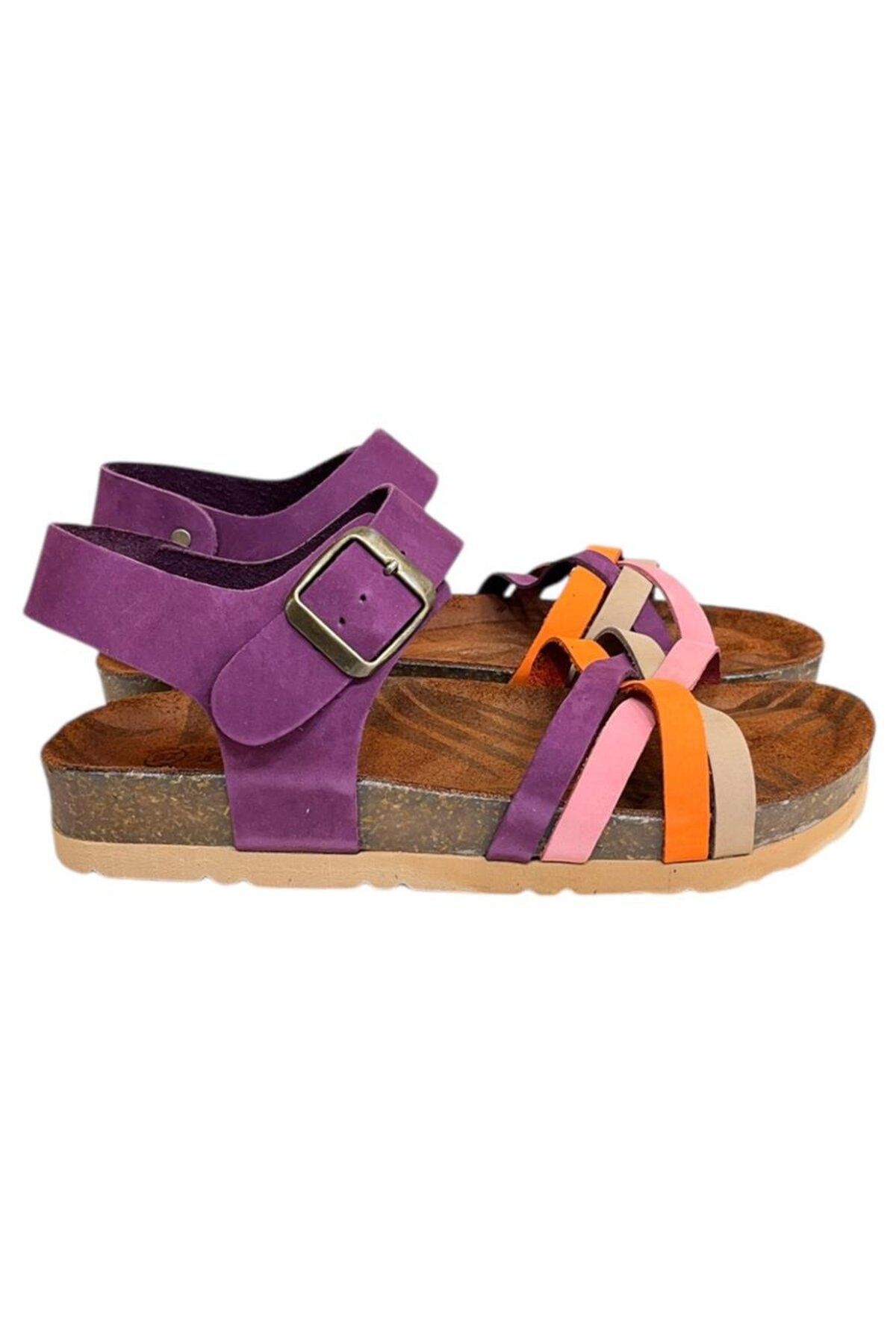 TUFAN SHOES Mor Multi Hakiki Deri Çapraz Bant Bilekten Bağlı Mantar Sandalet