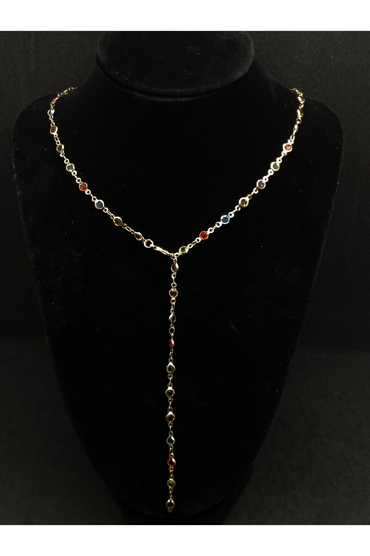 Jiji Jewelery Trend Moda Altın Renk Çok Renkli Taşlı Paslanmaz Çelik Y Kolye