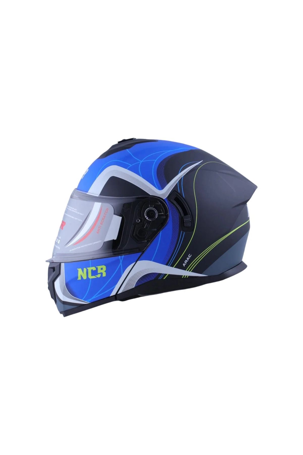NCR MOTOSİKLET KASK ÇENE AÇILIR 166 ECE BELGELİ - MAT SİYAH ARAC GRAFİK MAVİ #13015MSGM [S]