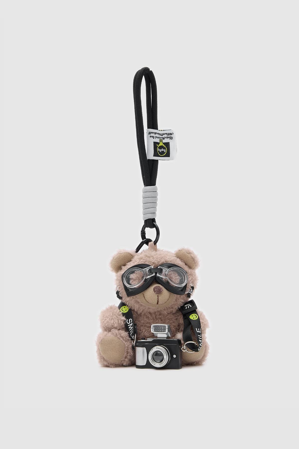 Shule Bags Fotoğraf Çeken Peluş Ayı Charmı Vizon
