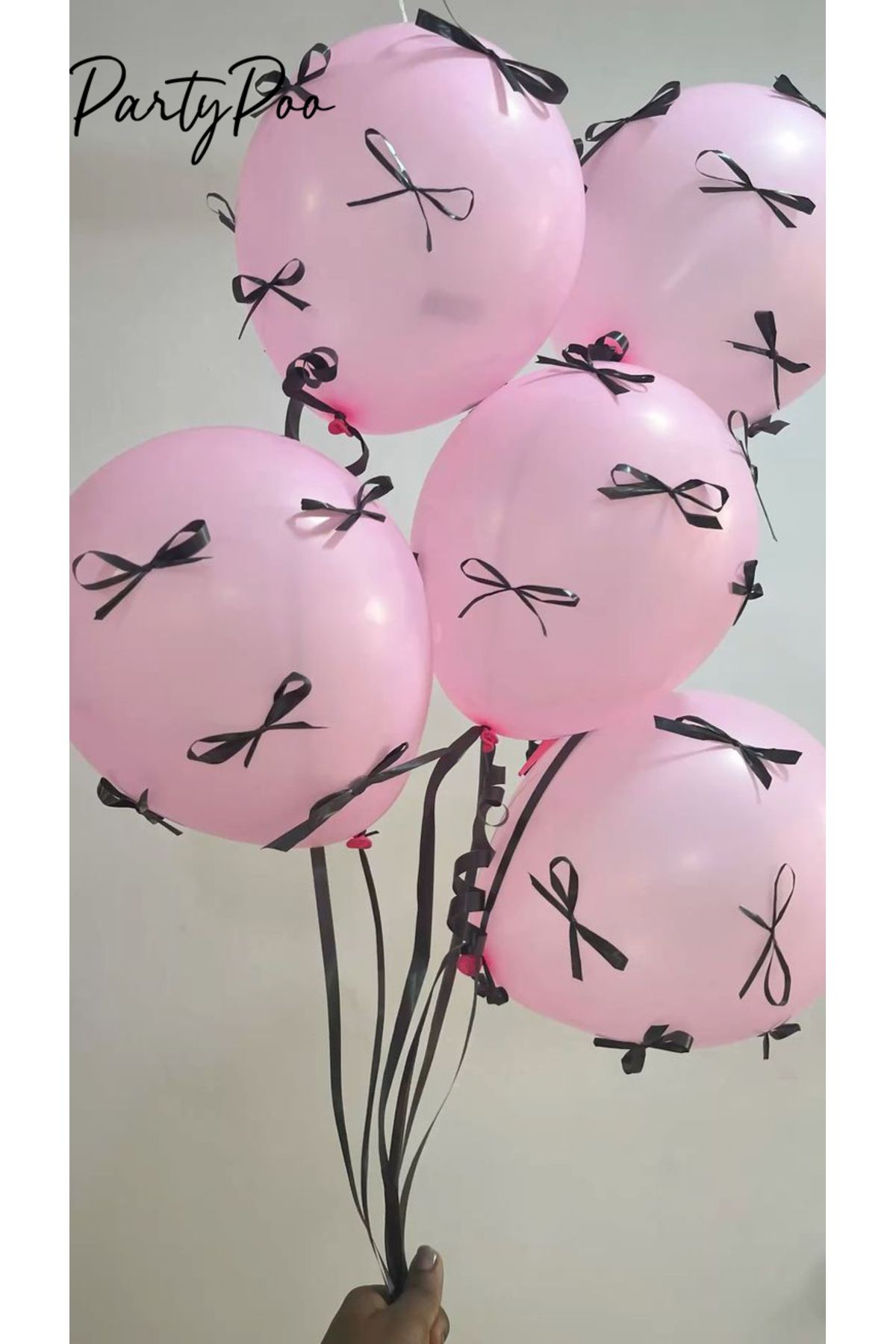 PartyPoo Siyah Fiyonk Kurdeleli Pembe Balon Seti 10'lu Doğum Günü Fiyonklu Balon , Kurdeleli Balon