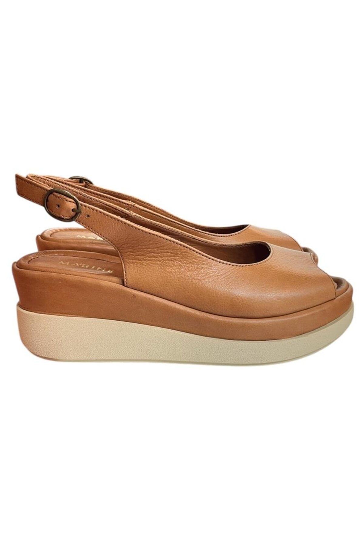TUFAN SHOES Taba Hakiki Deri Comfort Taban Dolgu Topuk Yazlık Ayakkabı