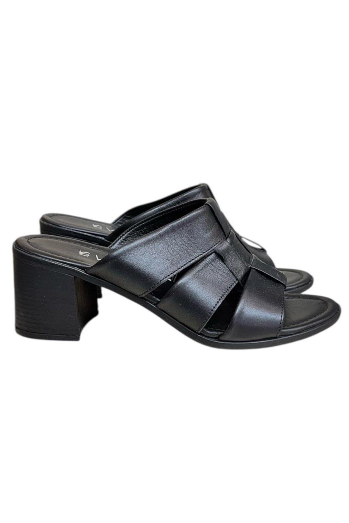 TUFAN SHOES Siyah Hakiki Deri Bant Detaylı Topuklu Comfort Taban Terlik