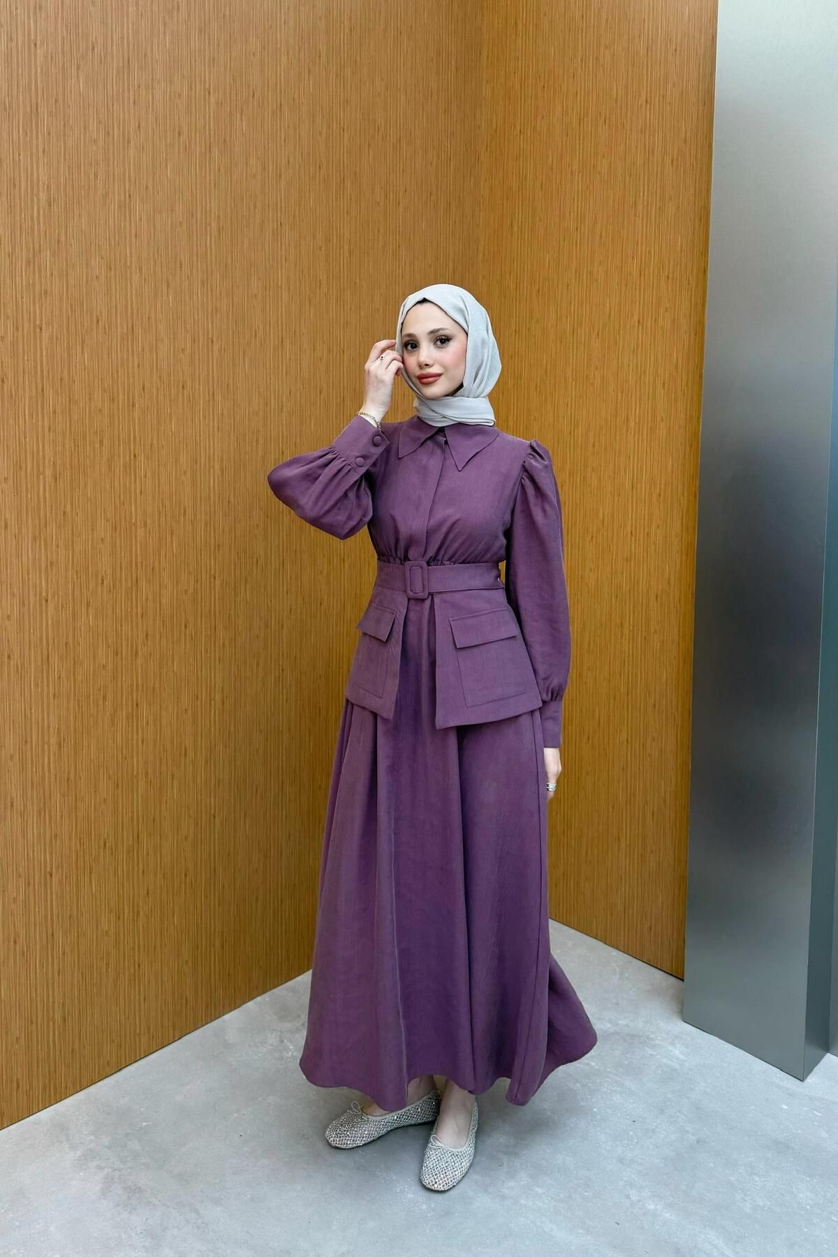 QUQA Cep Kemerli Modal Elbise - Gül Kurusu