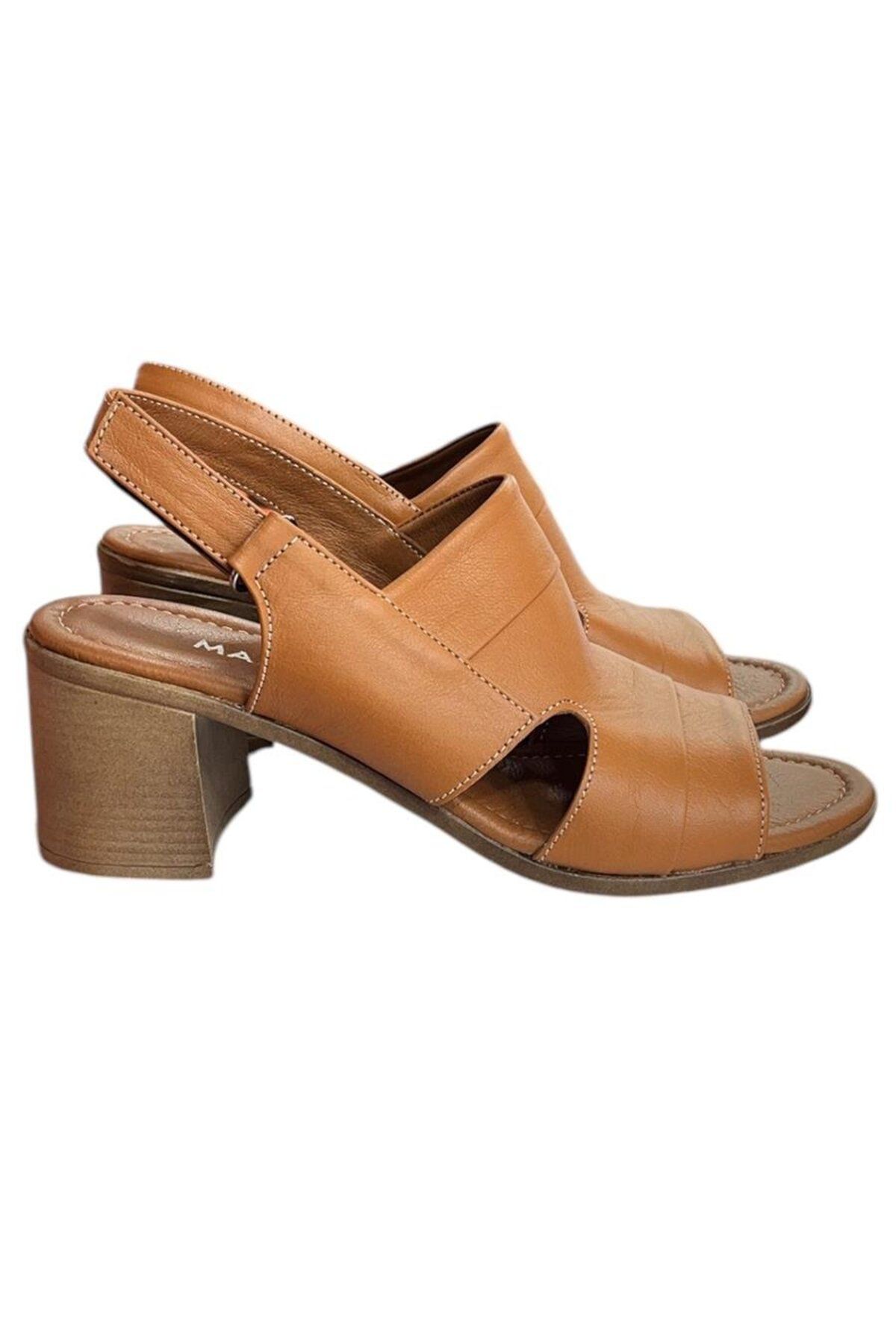 TUFAN SHOES Taba Hakiki Deri Hafif Ve Comfort Taban Yazlık Topuklu Ayakkabı