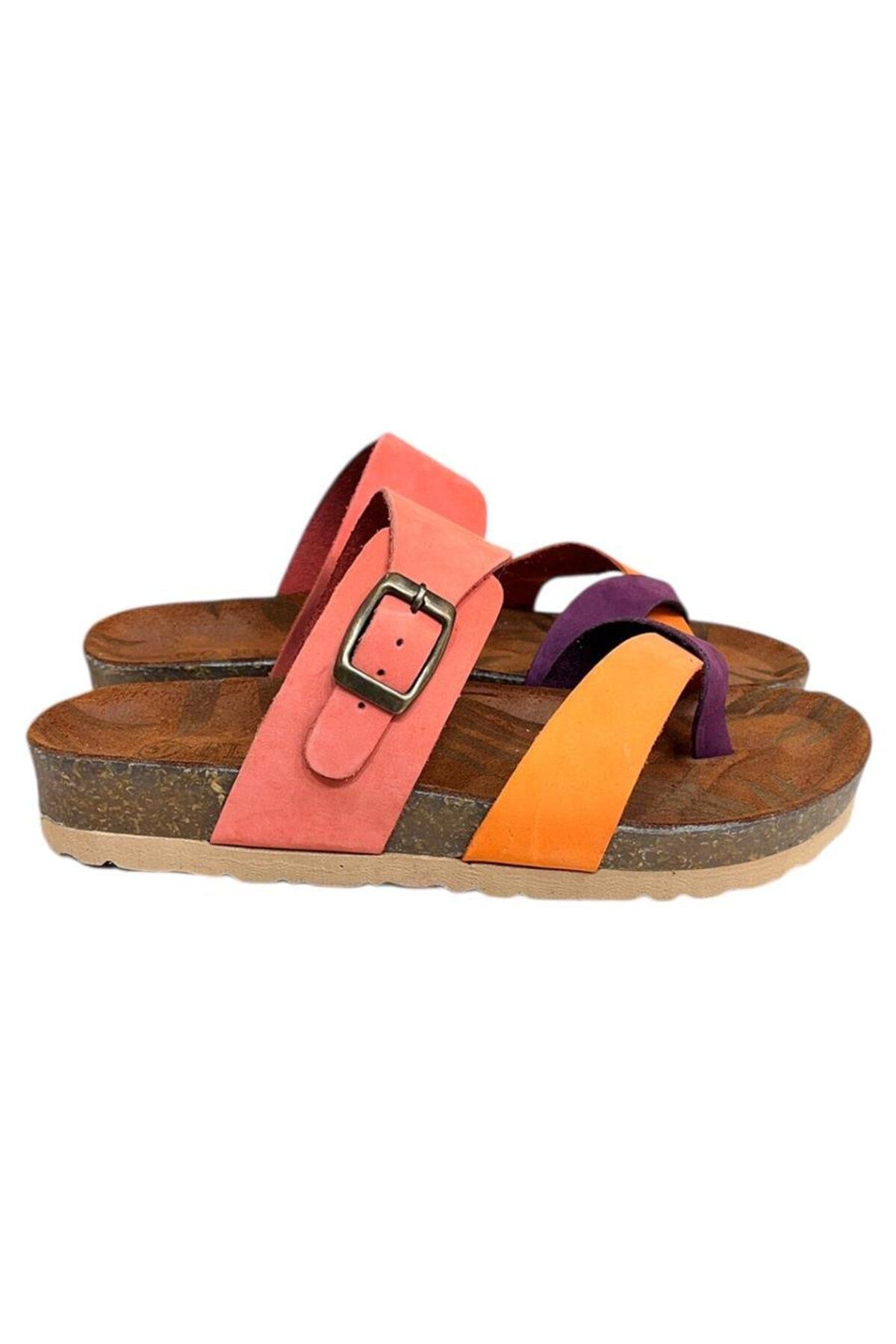 TUFAN SHOES Pembe Multi Hakiki Deri Nubuk Parmak Arası Mantar Taban Terlik