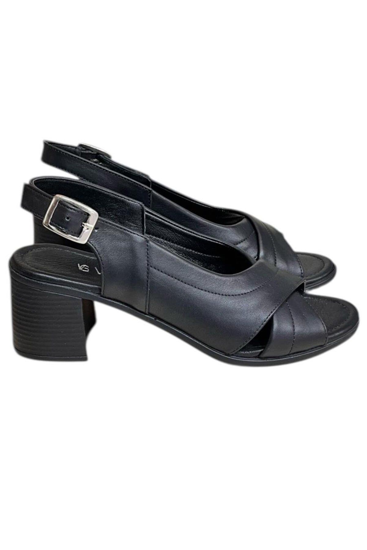 TUFAN SHOES Siyah Hakiki Deri Çapraz Bantlı Comfort Taban Topuklu Sandalet