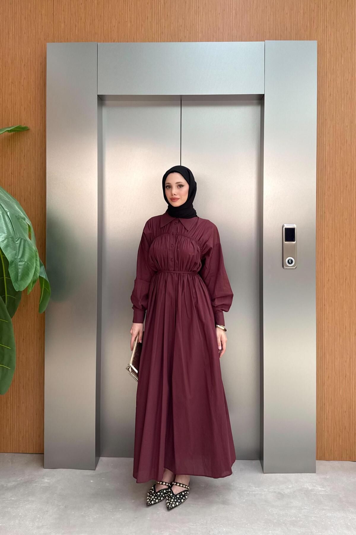 QUQA Roba Büzgülü Vual Elbise - Bordo